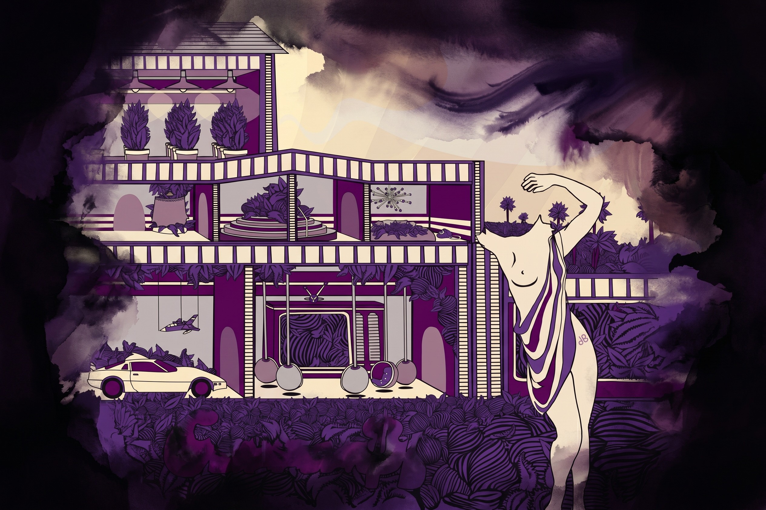 Abstract illustration of a modern house with a classical statue, a car, and plants in purple tones.