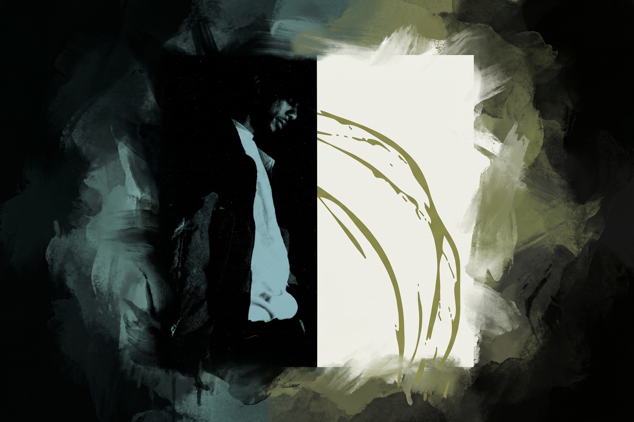 Abstract artwork with a dark figure on the left and a light, textured area with curved lines on the right, surrounded by brushstrokes.