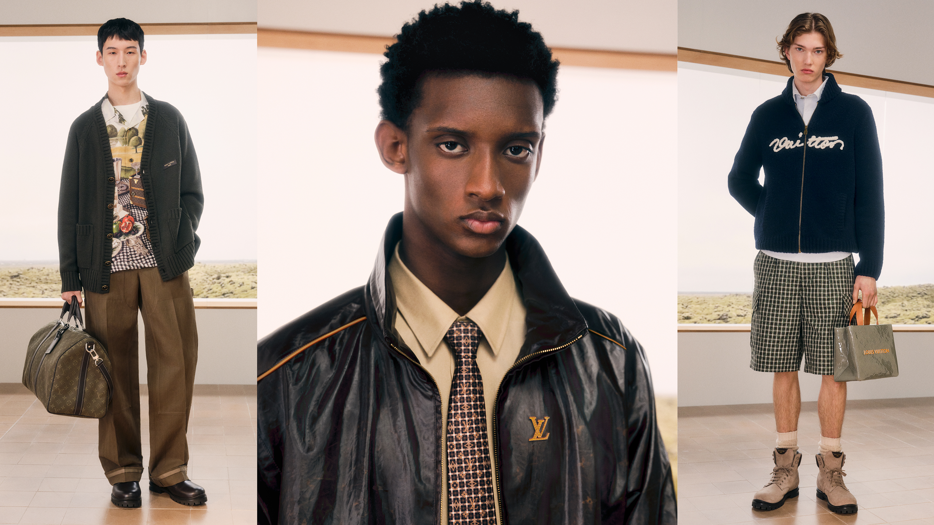 Three models showcase Louis Vuitton fashion: one in a cardigan and trousers, another in a leather jacket and tie, and the third in a zip-up sweater and shorts.