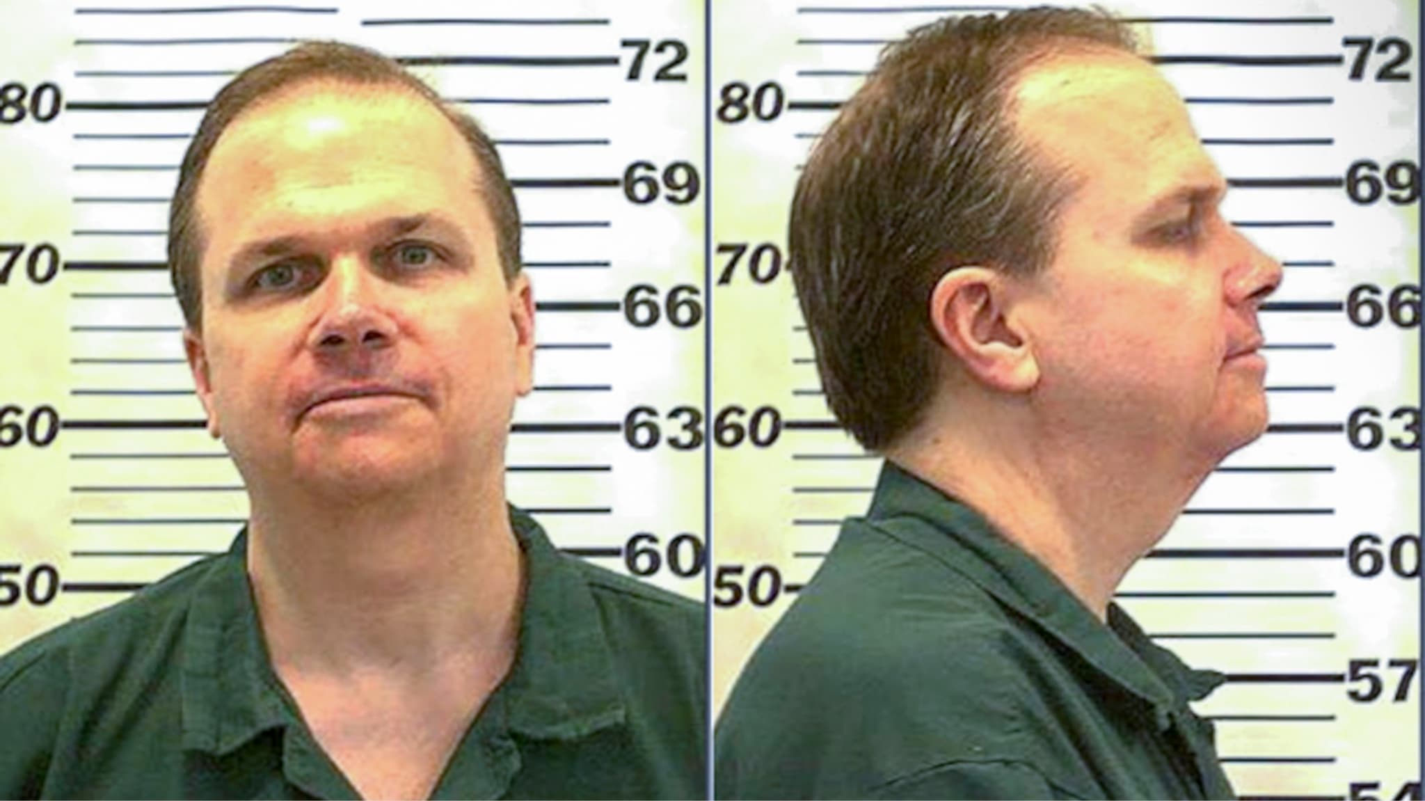 Mark David Chapman in a green shirt is shown in front and side profile against a height chart.