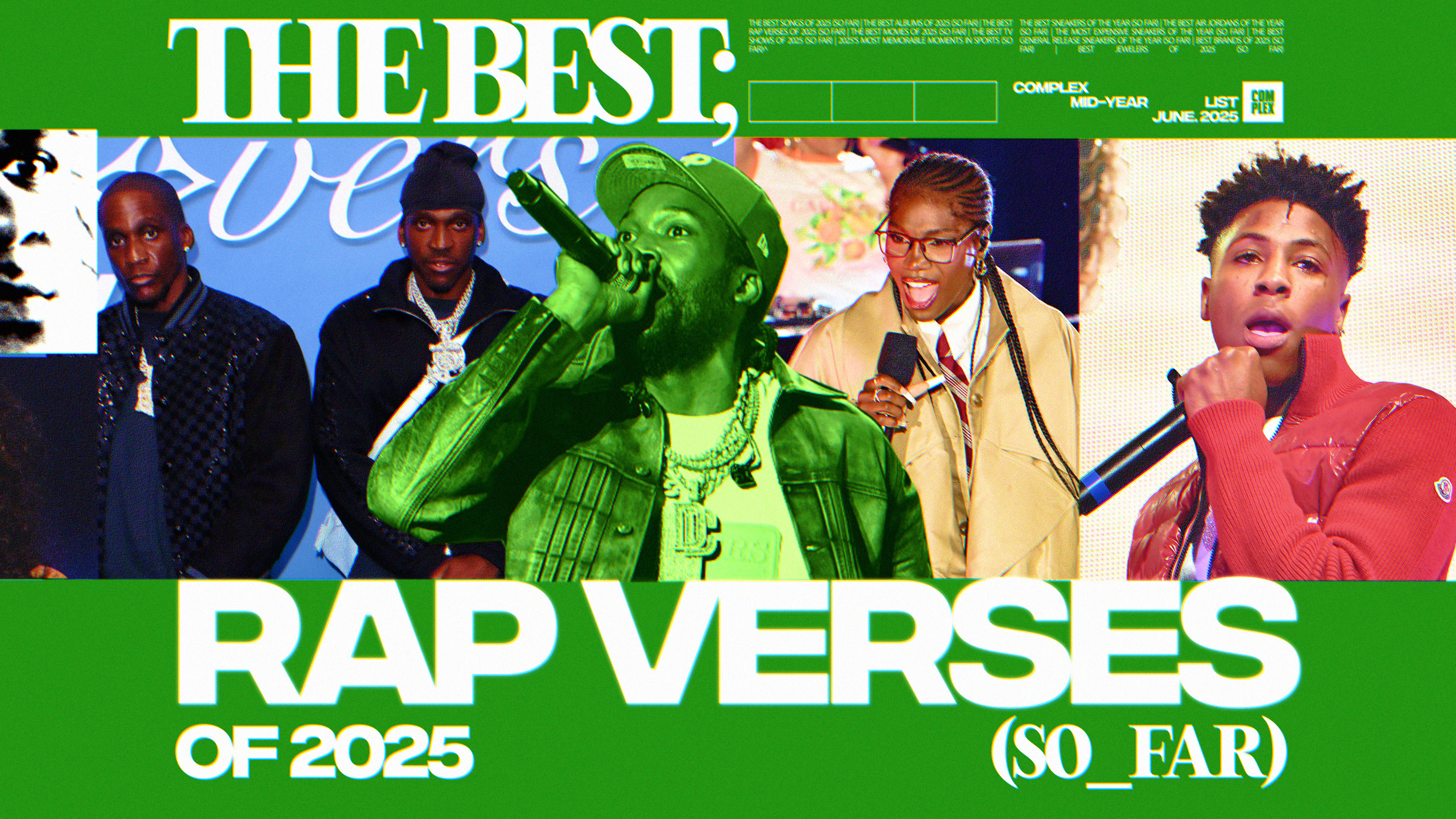 The image features a collage of rappers like Clipse, Meek Mill, Doechii and NBA Youngboy with vibrant colors and text reading "The Best Rap Verses of 2025 (So Far)."
