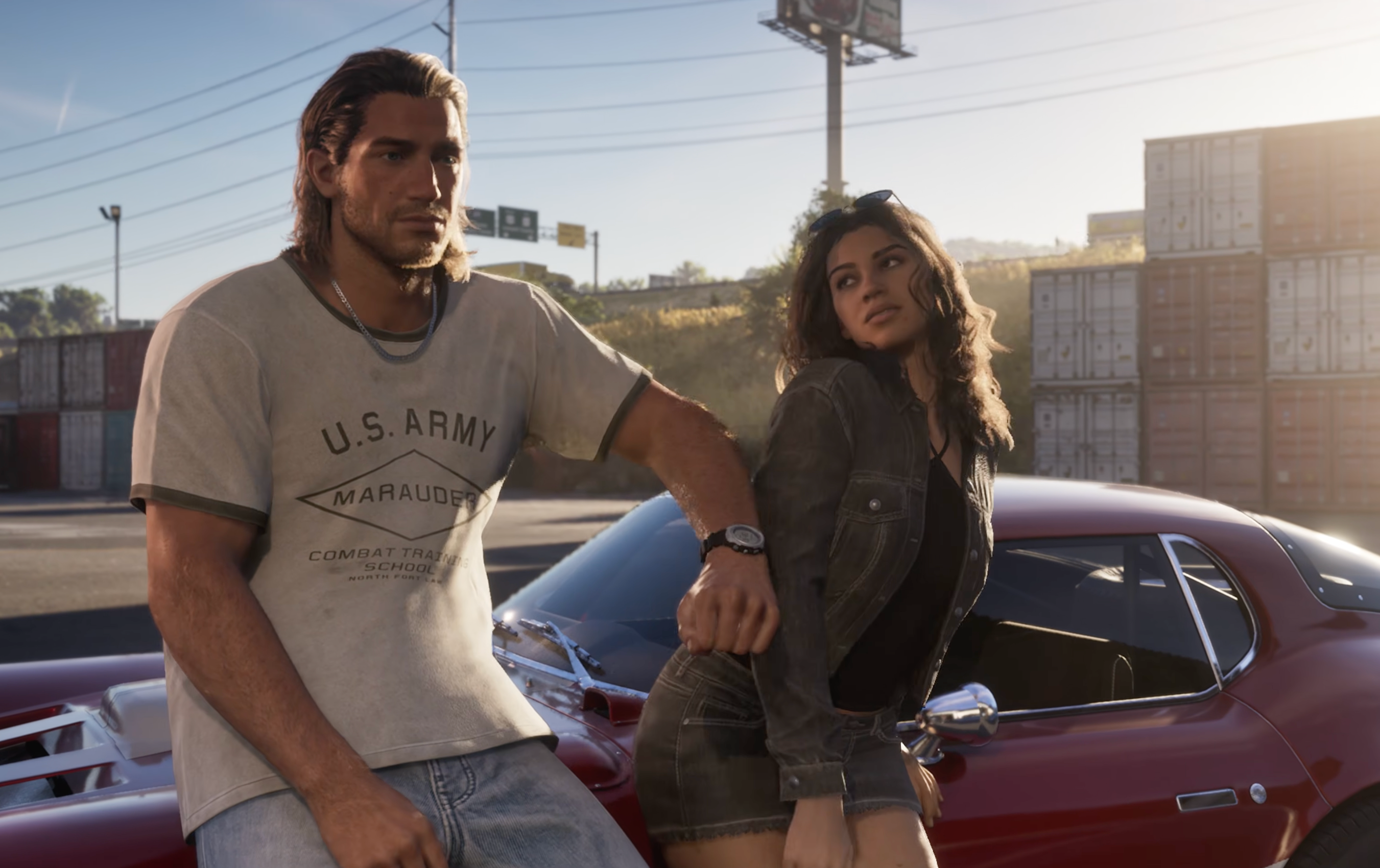 A screenshot from the 'Grand Theft Auto VI' launch trailer featuring the two protagonists, Jason and Lucia.