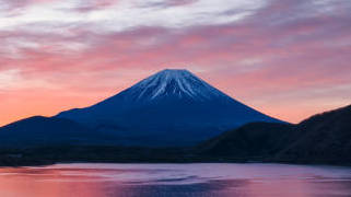 Mount Fuji at sunrise, with a pink and purple sky reflecting on a calm lake, surrounded by silhouetted trees.