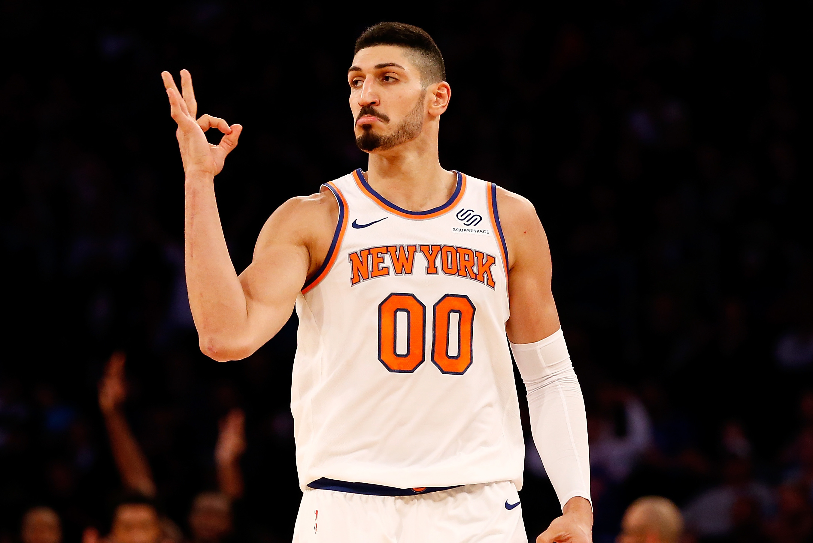 Enes Kanter celebrates a 3-pointer during a New York Knicks game. 