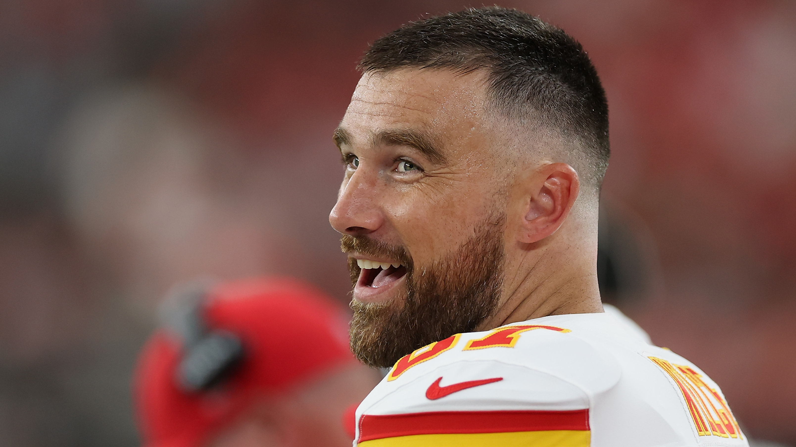 Tight end Travis Kelce #87 of the Kansas City Chiefs reacts on the sidelines during the first quarter of the NFL Preseason 2025 game.