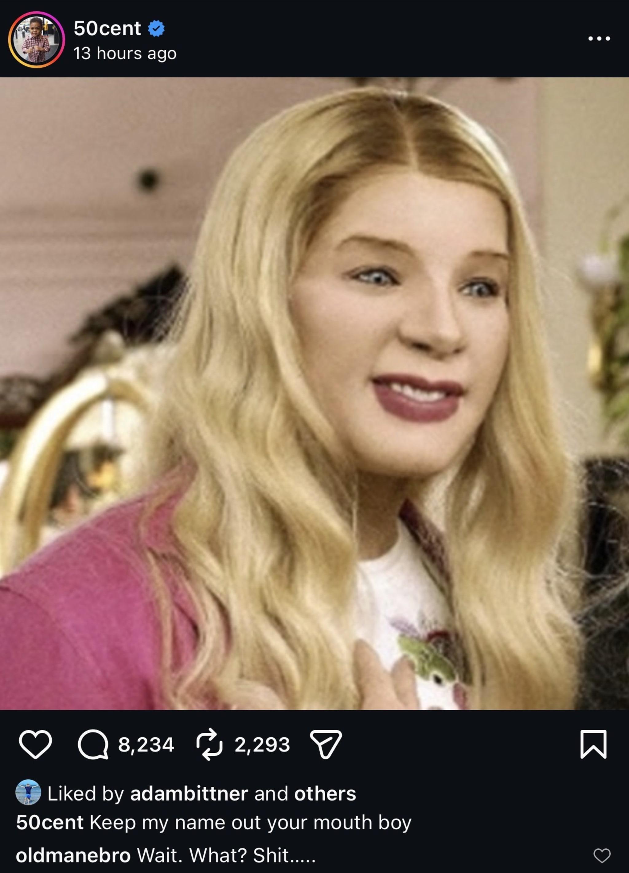 A person with long blonde hair and exaggerated facial features, resembling a character from the movie "White Chicks."