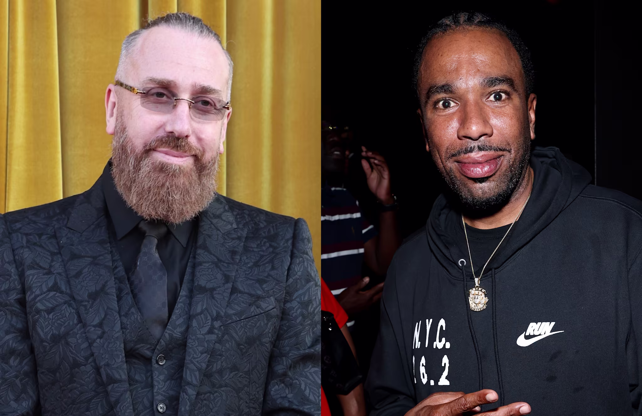 DJ Vlad has a beard, glasses, and a patterned suit. N.O.R.E. wears a black hoodie with a necklace.