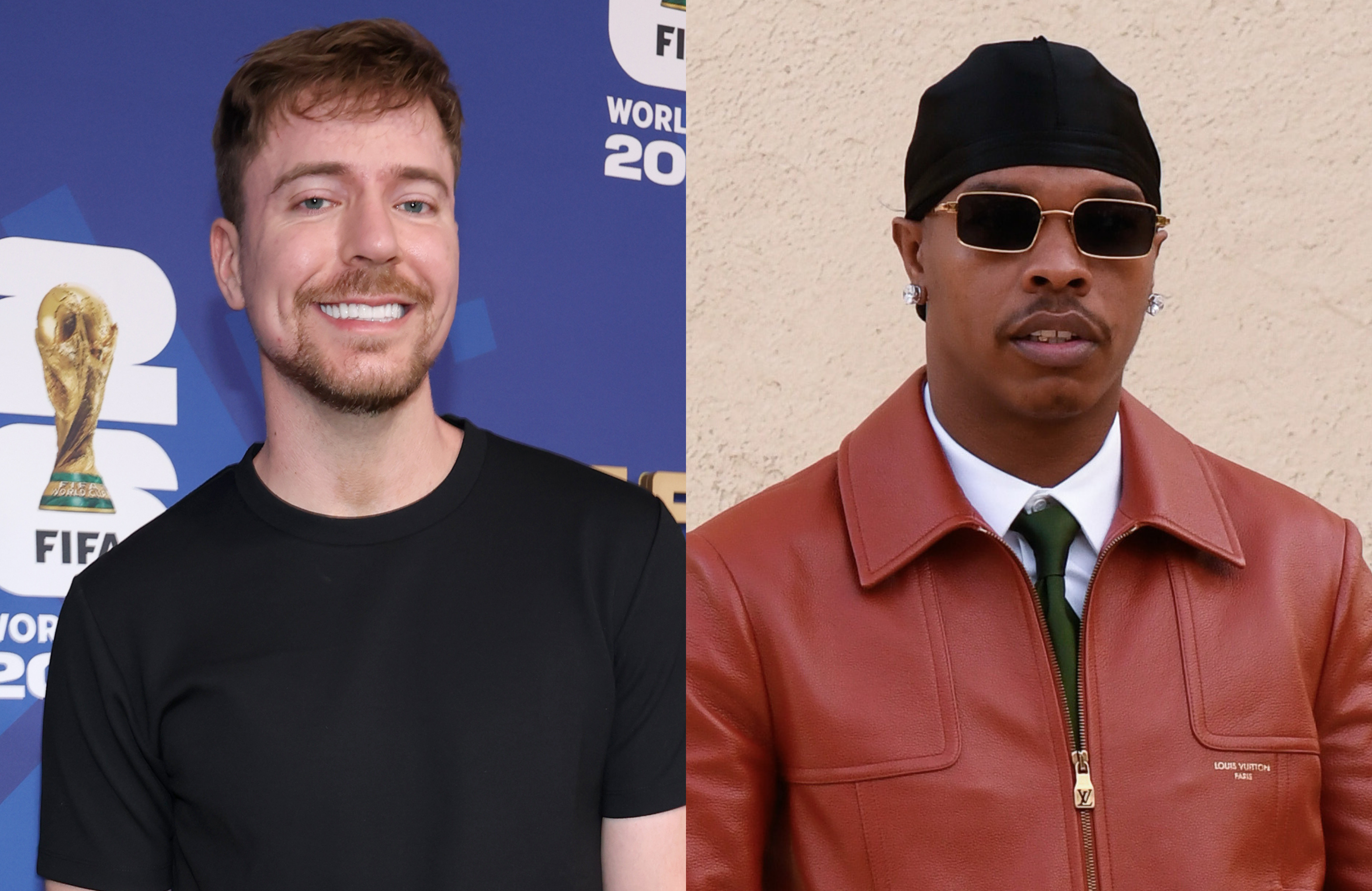 MrBeast in a black shirt smiling, Lil Baby in a brown jacket with sunglasses and a black headscarf.