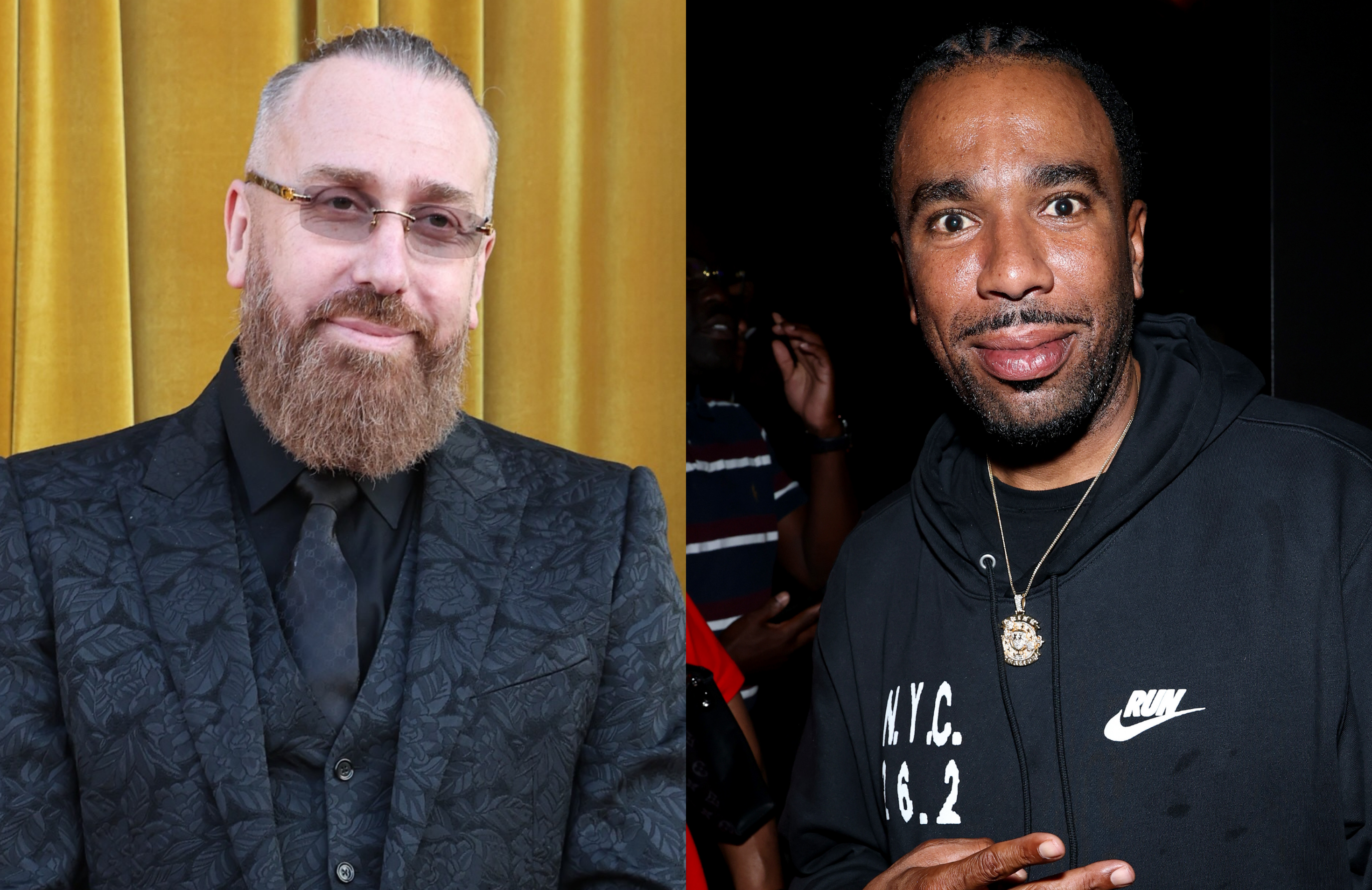 DJ Vlad has a beard, glasses, and a patterned suit. N.O.R.E. wears a black hoodie with a necklace.