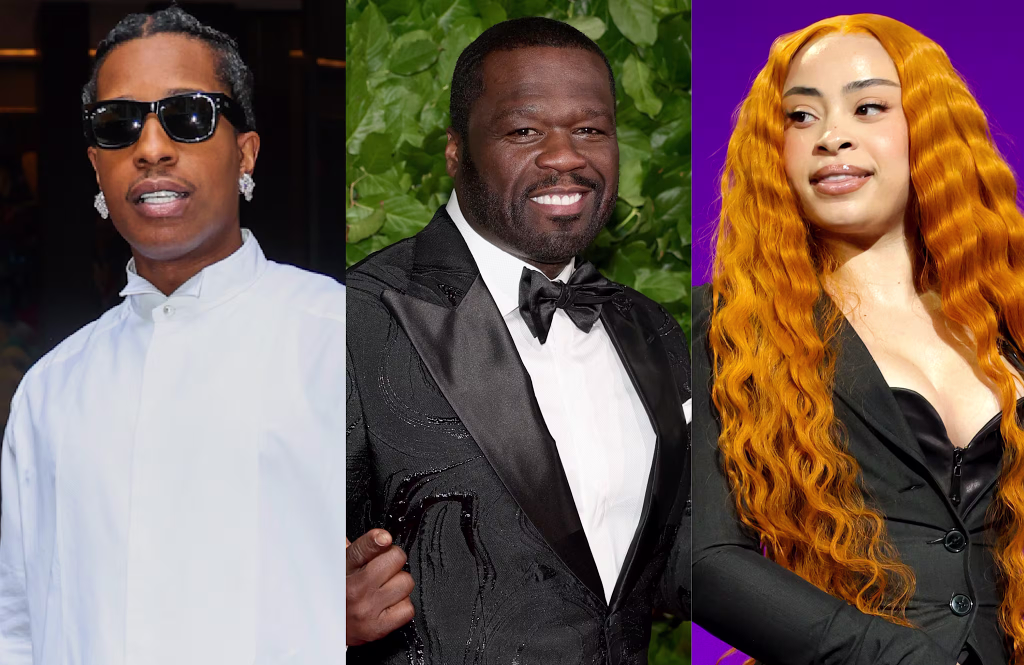A$AP Rocky in sunglasses, 50 Cent in a black tuxedo, and Ice Spice with long orange hair.