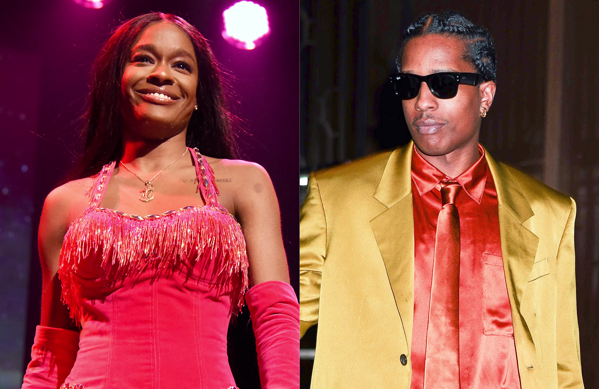 Azealia Banks in a pink outfit on stage and A$AP Rocky in a gold suit with sunglasses.