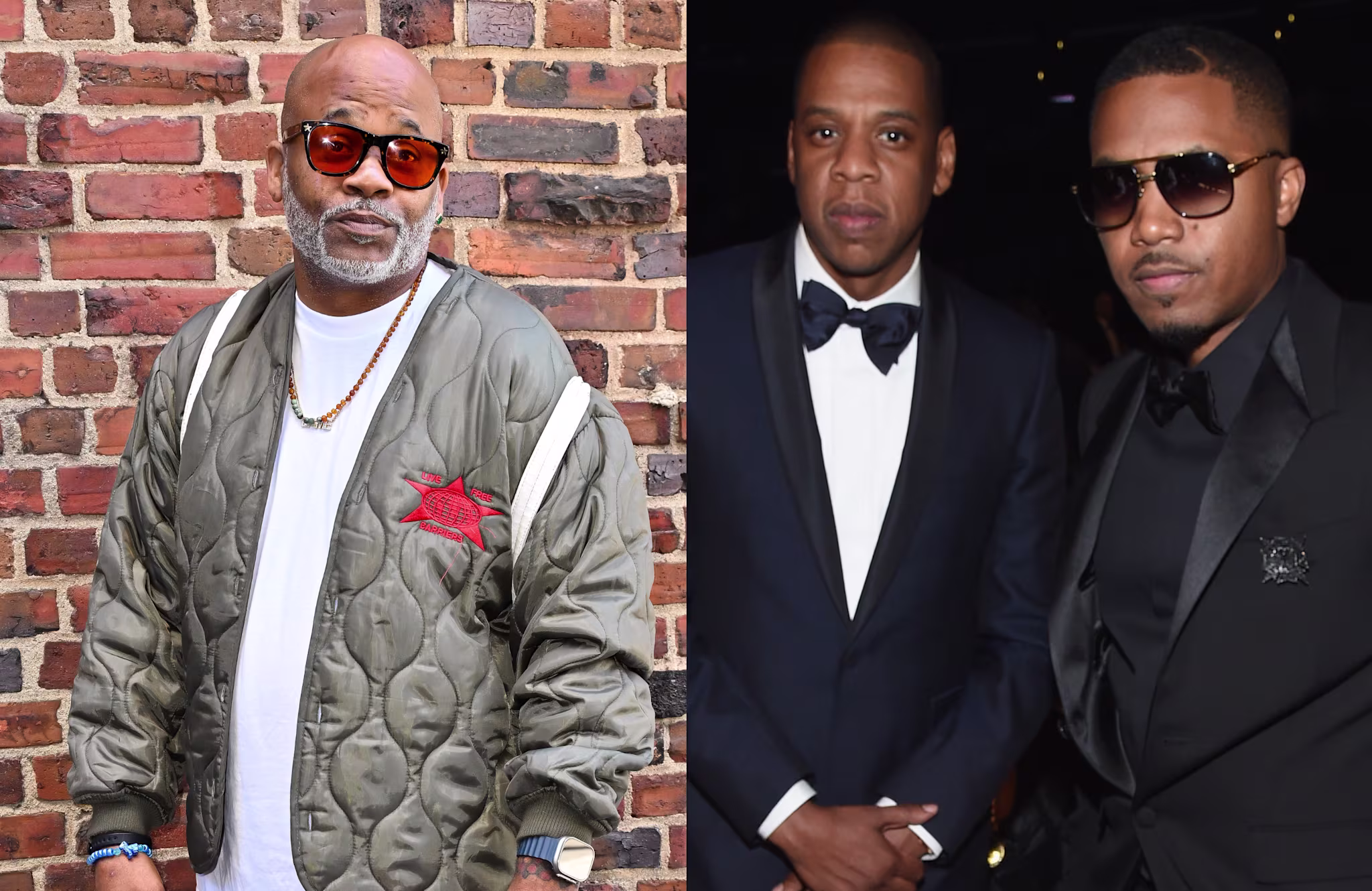Dame Dash in a green jacket and sunglasses; Jay-Z and Nas in tuxedos at an event.