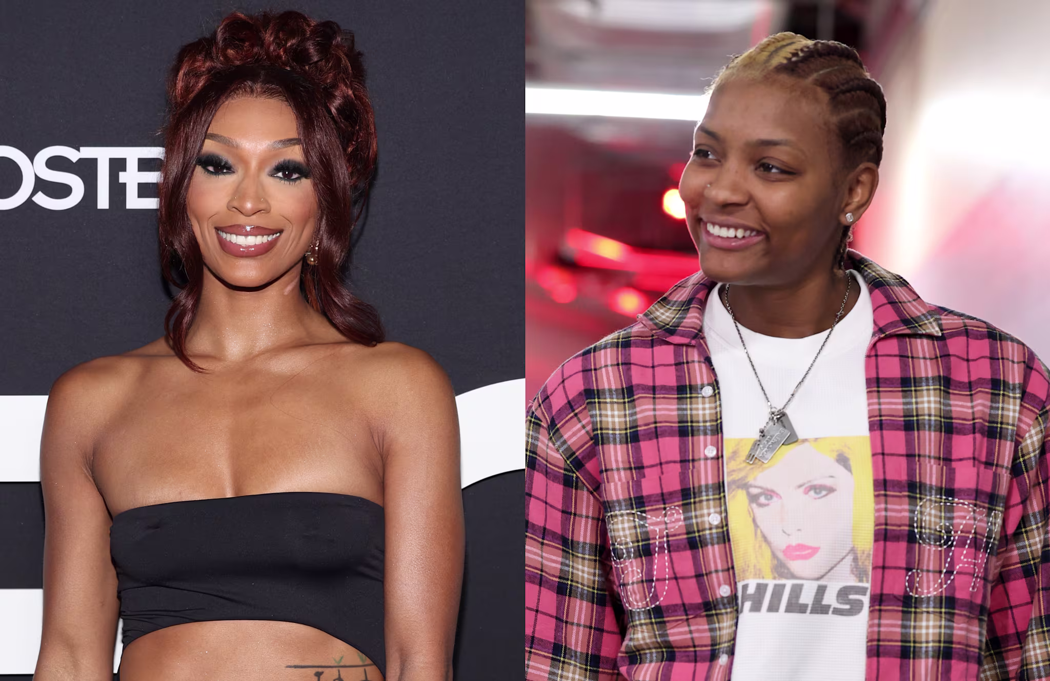 DiJonai Carrington in a black tube top, NaLyssa Smith in a plaid shirt with a graphic tee.