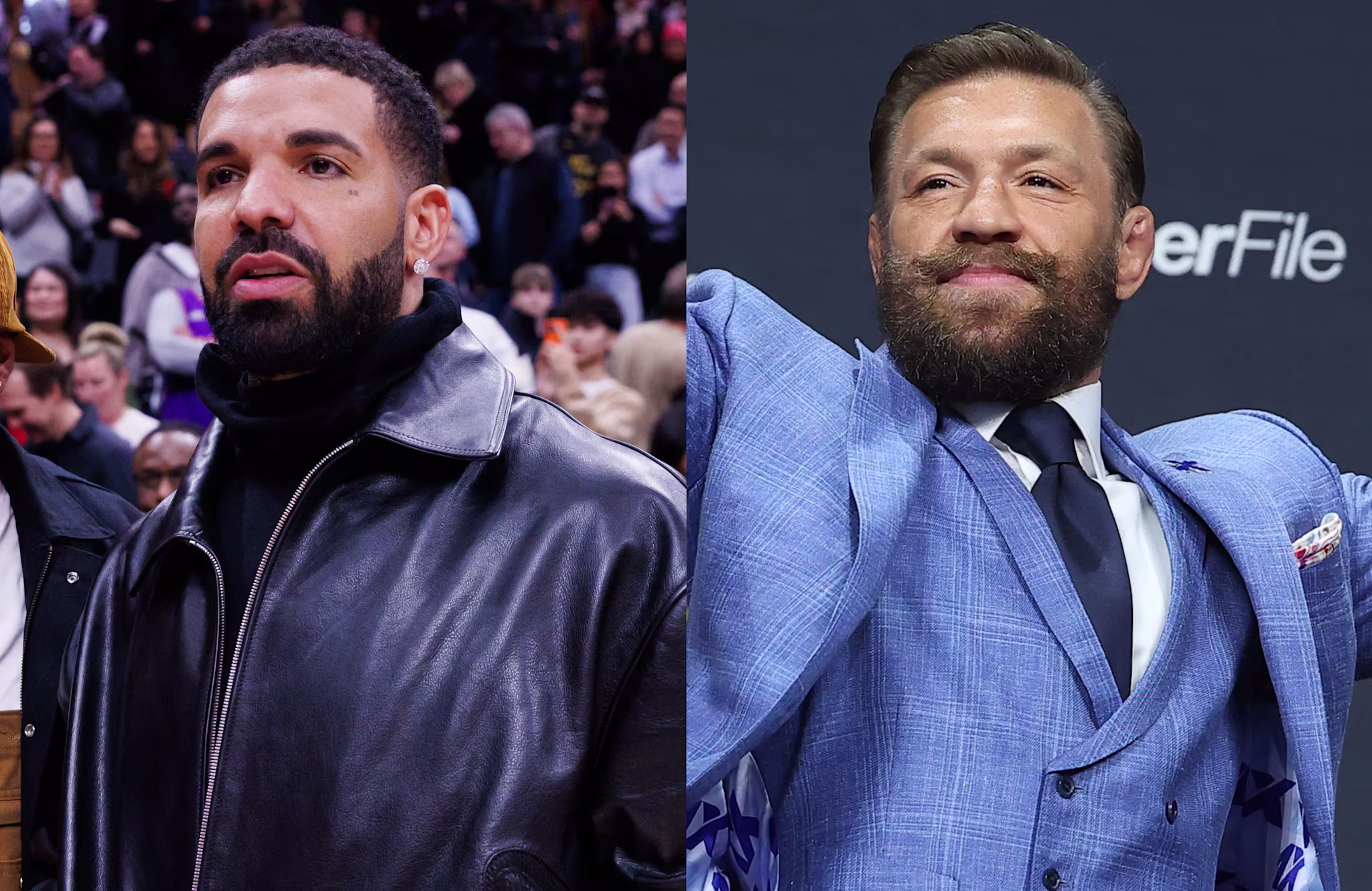 Drake in a leather jacket and Conor McGregor in a blue suit, both looking confident.