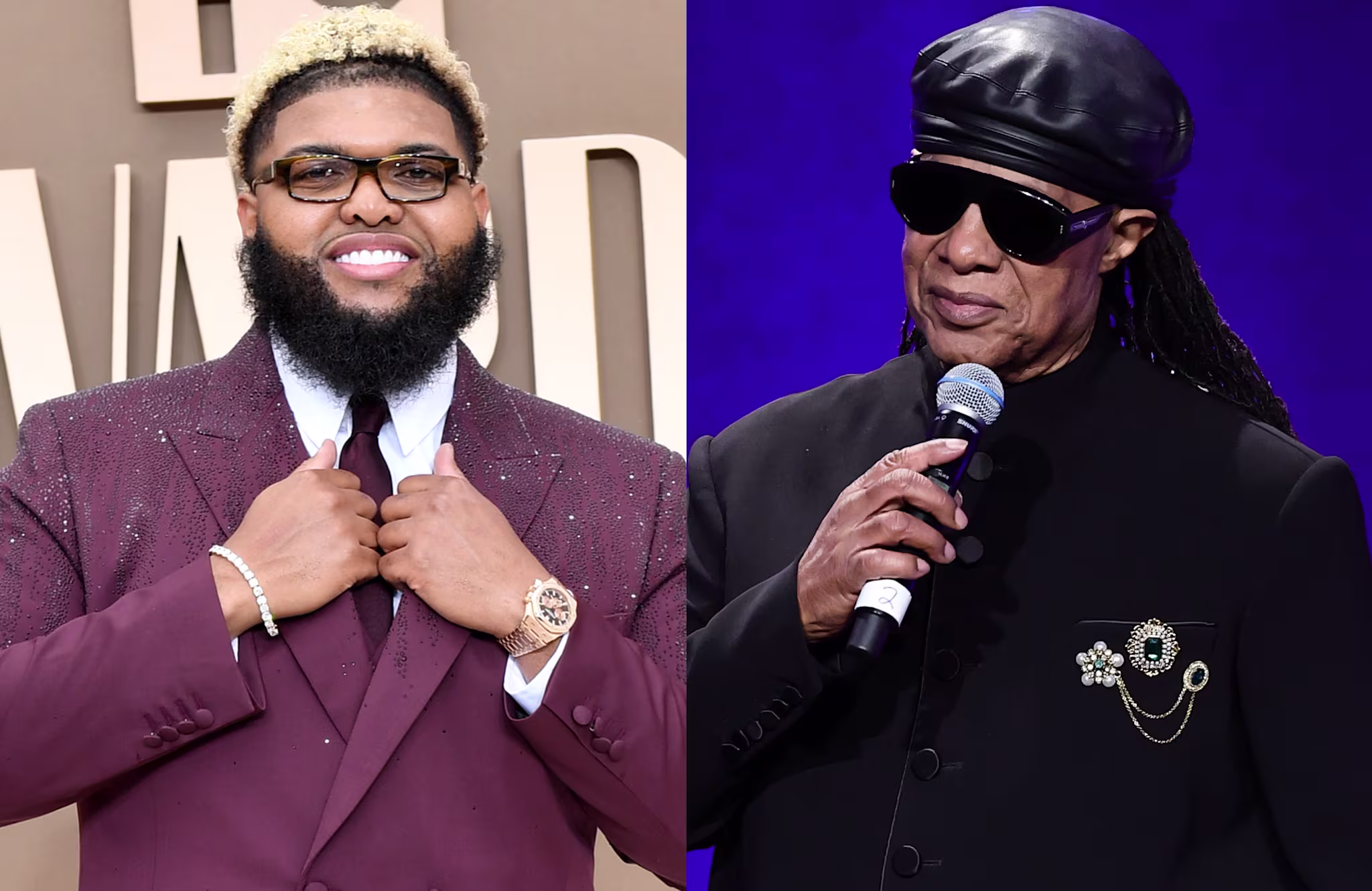 Druski in a burgundy suit smiling, and Stevie Wonder in black attire with sunglasses, holding a microphone.