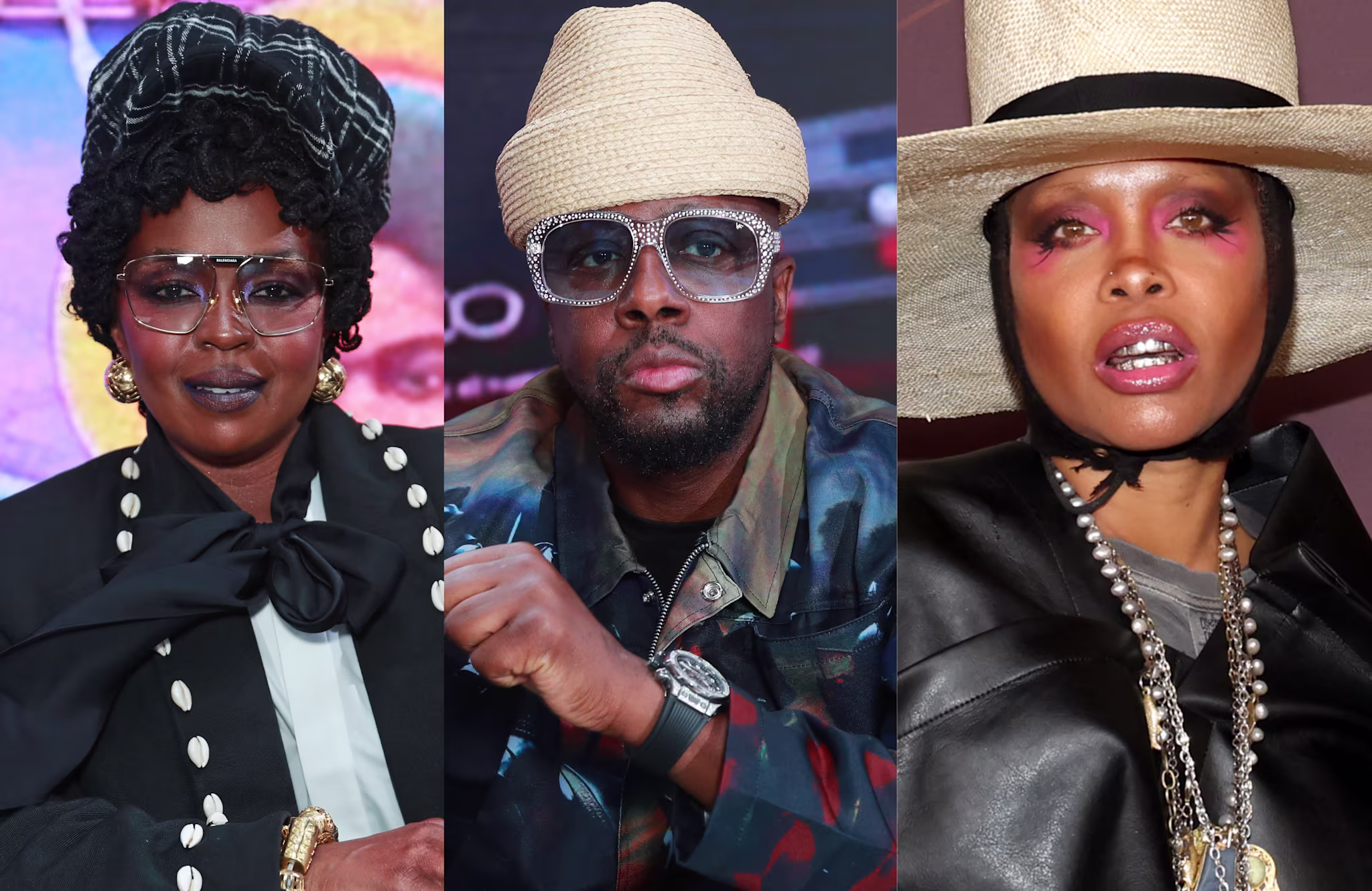Lauryn Hill in a black outfit and turban, Wyclef Jean in a hat and glasses, and Erykah Badu in a wide-brimmed hat and leather jacket.