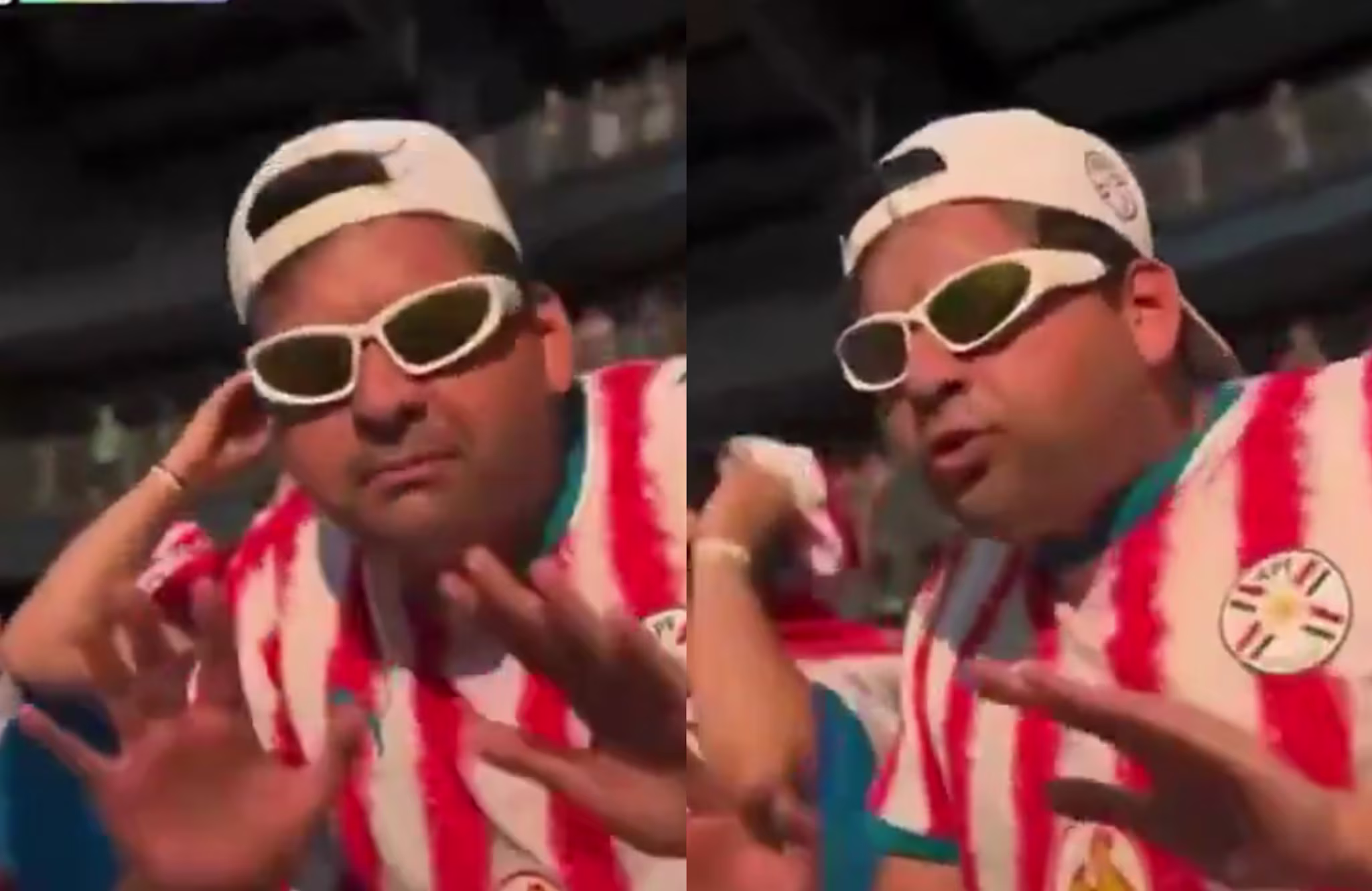 A person wearing a red and white striped shirt, white sunglasses, and a backward cap, gesturing energetically in a stadium.