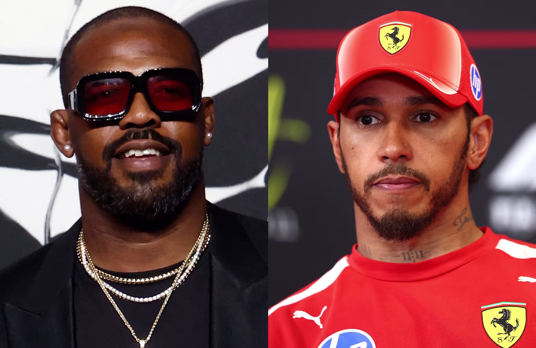 (L) Jon Jones wearing sunglasses and a dark outfit with chains. (R) Lewis Hamilton in a red Ferrari cap and shirt.