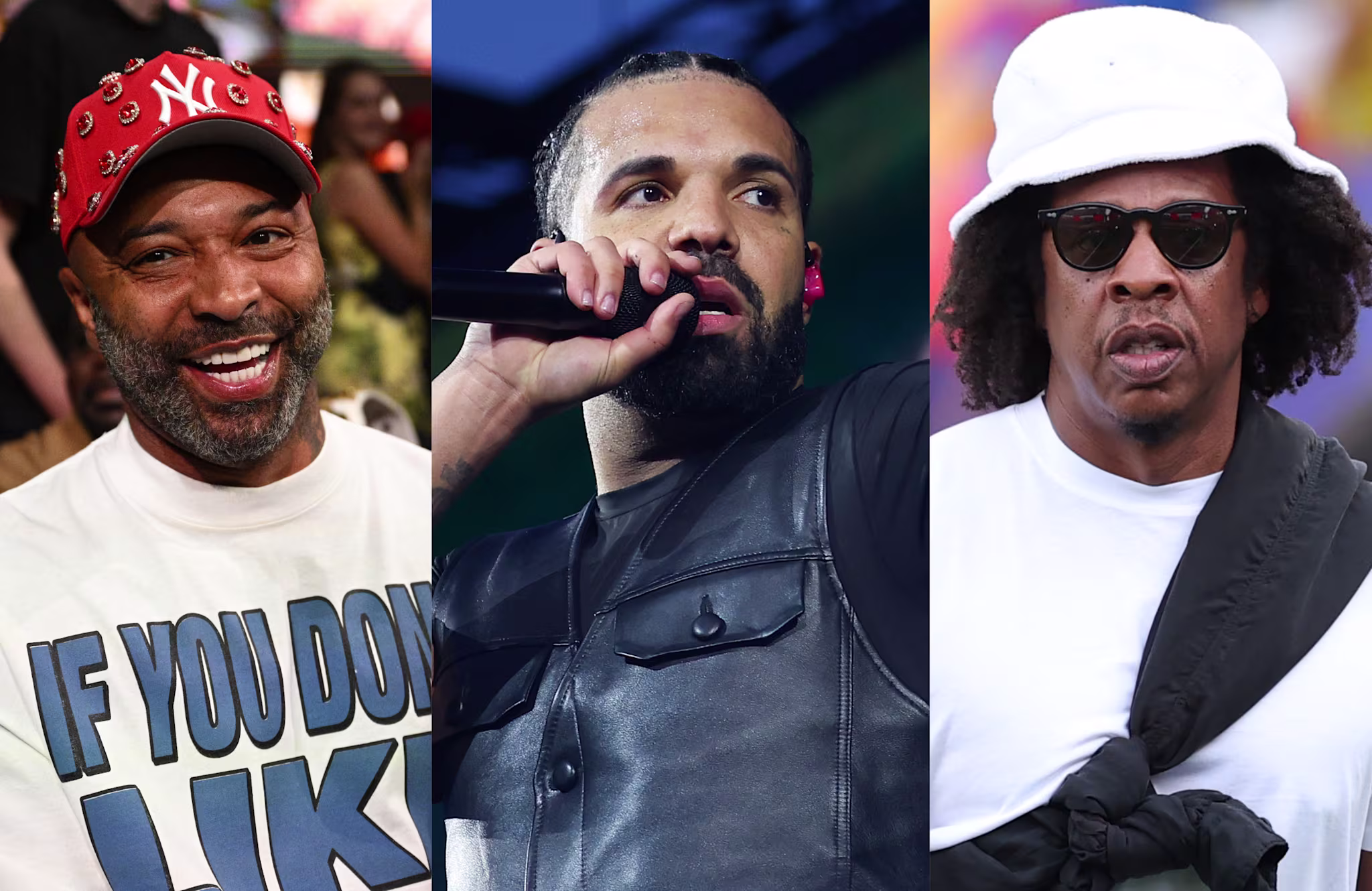 A triptych featuring Drake performing, Jay-Z in a white hat and sunglasses, and Joe Budden smiling in a red cap.