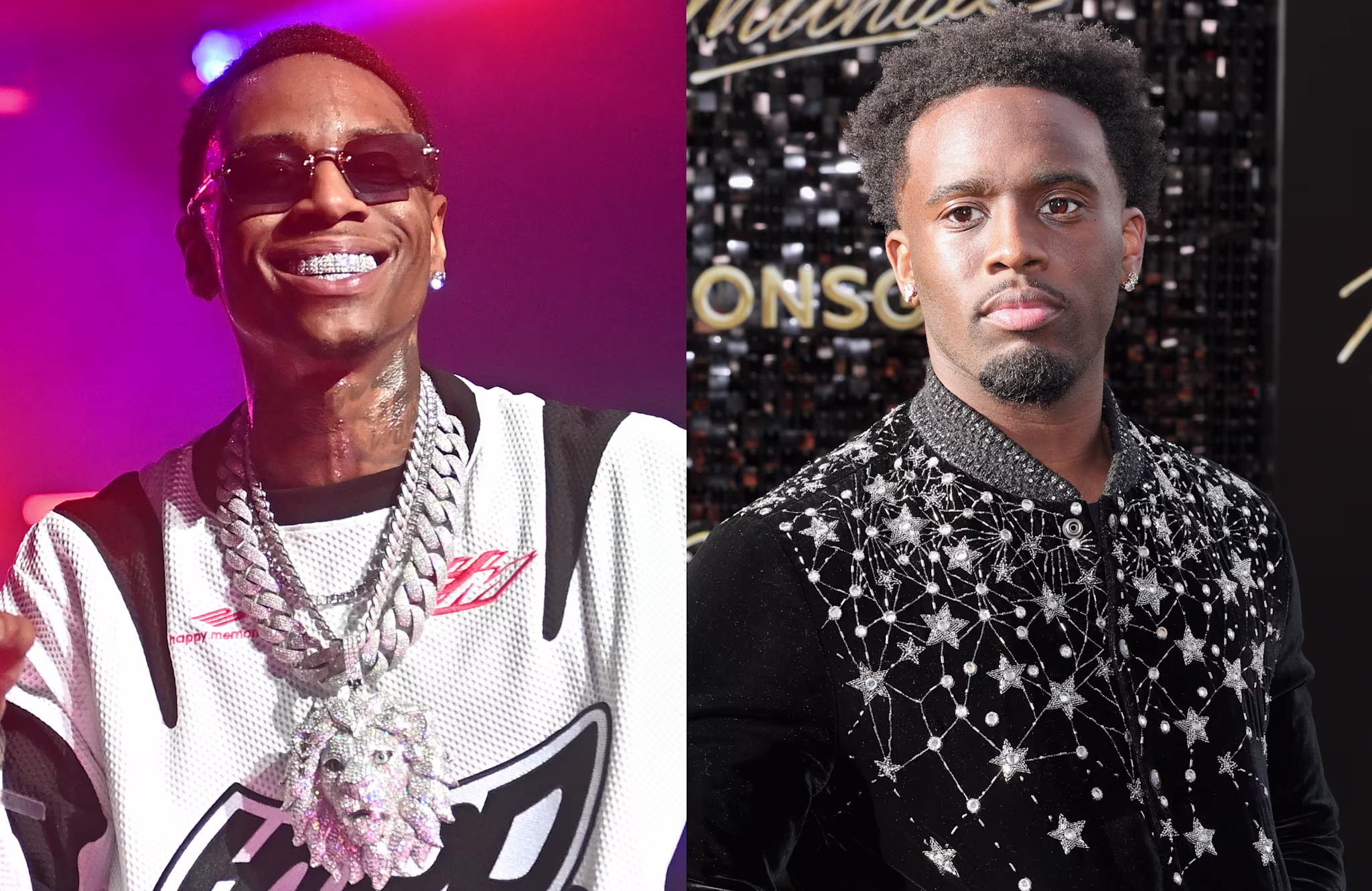 Soulja Boy wearing sunglasses and jewelry, smiling; Kai Cenat in a star-patterned jacket, looking serious.