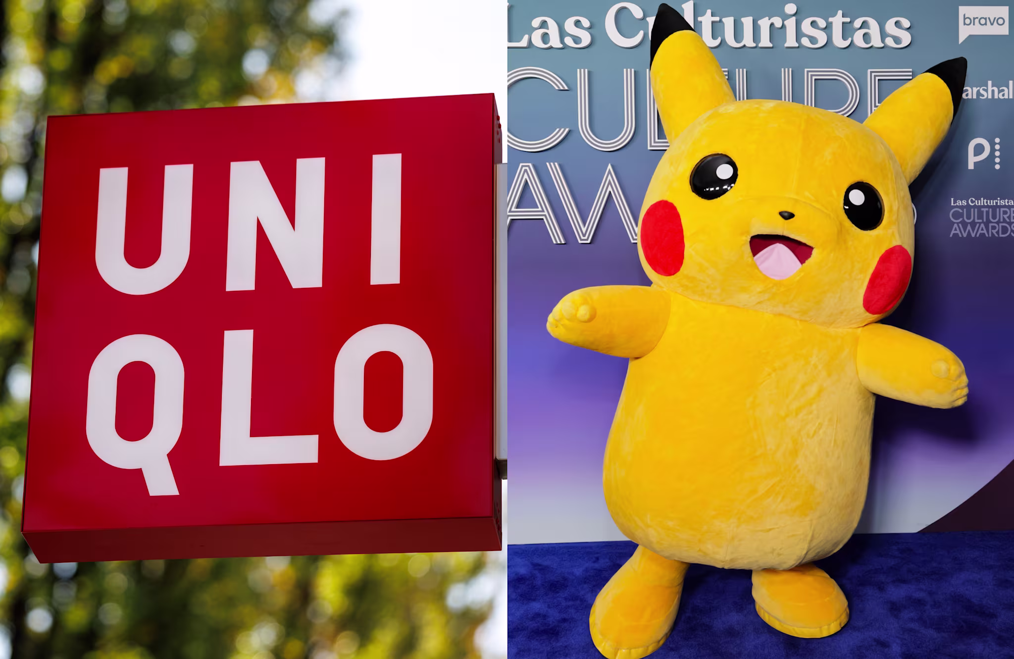 A red Uniqlo sign on the left. On the right, a large Pikachu mascot stands in front of a backdrop at an event.