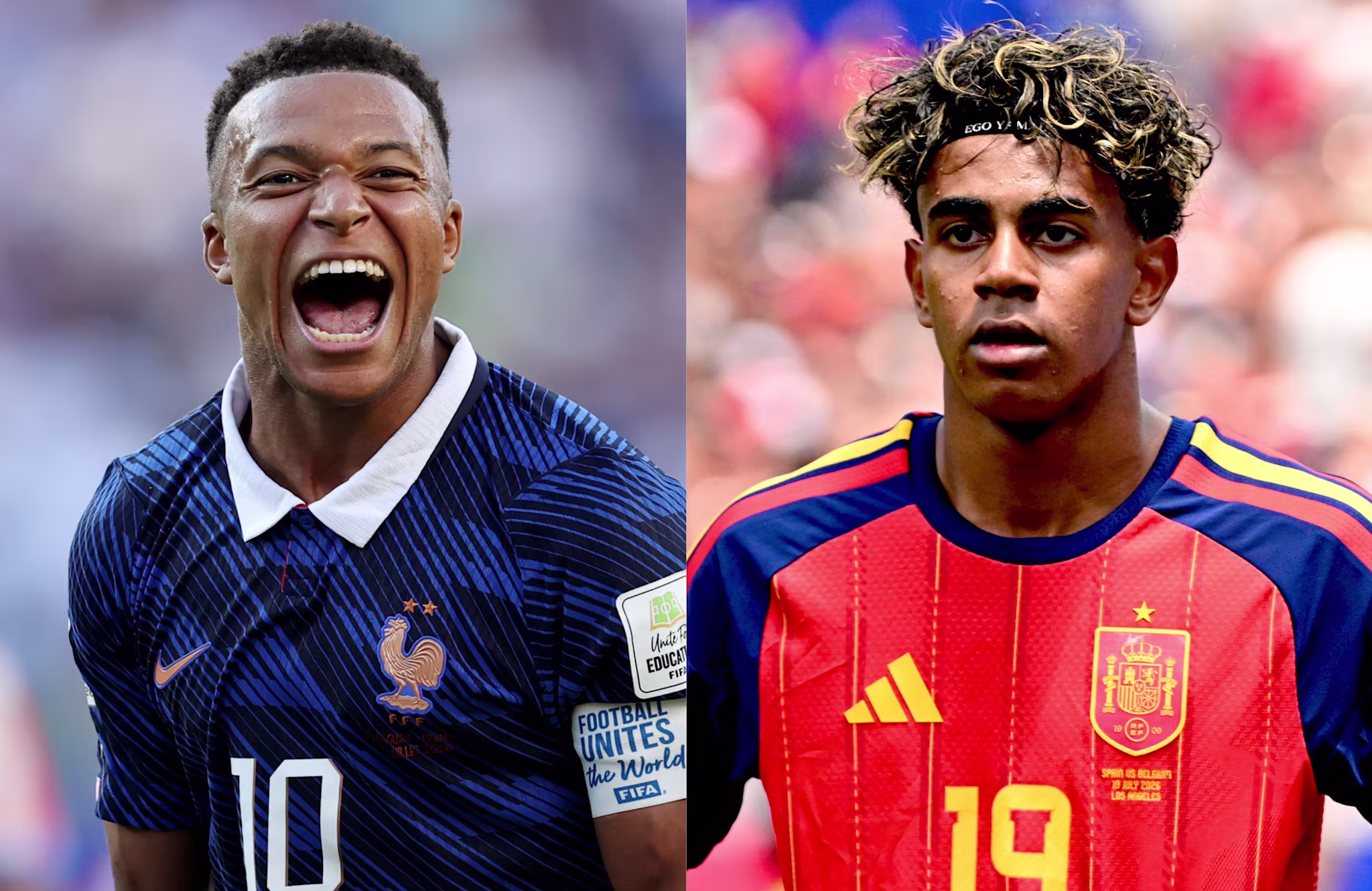 Kylian Mbappé in France's blue, number 10, and Lamine Yamal in Spain's red, number 19.