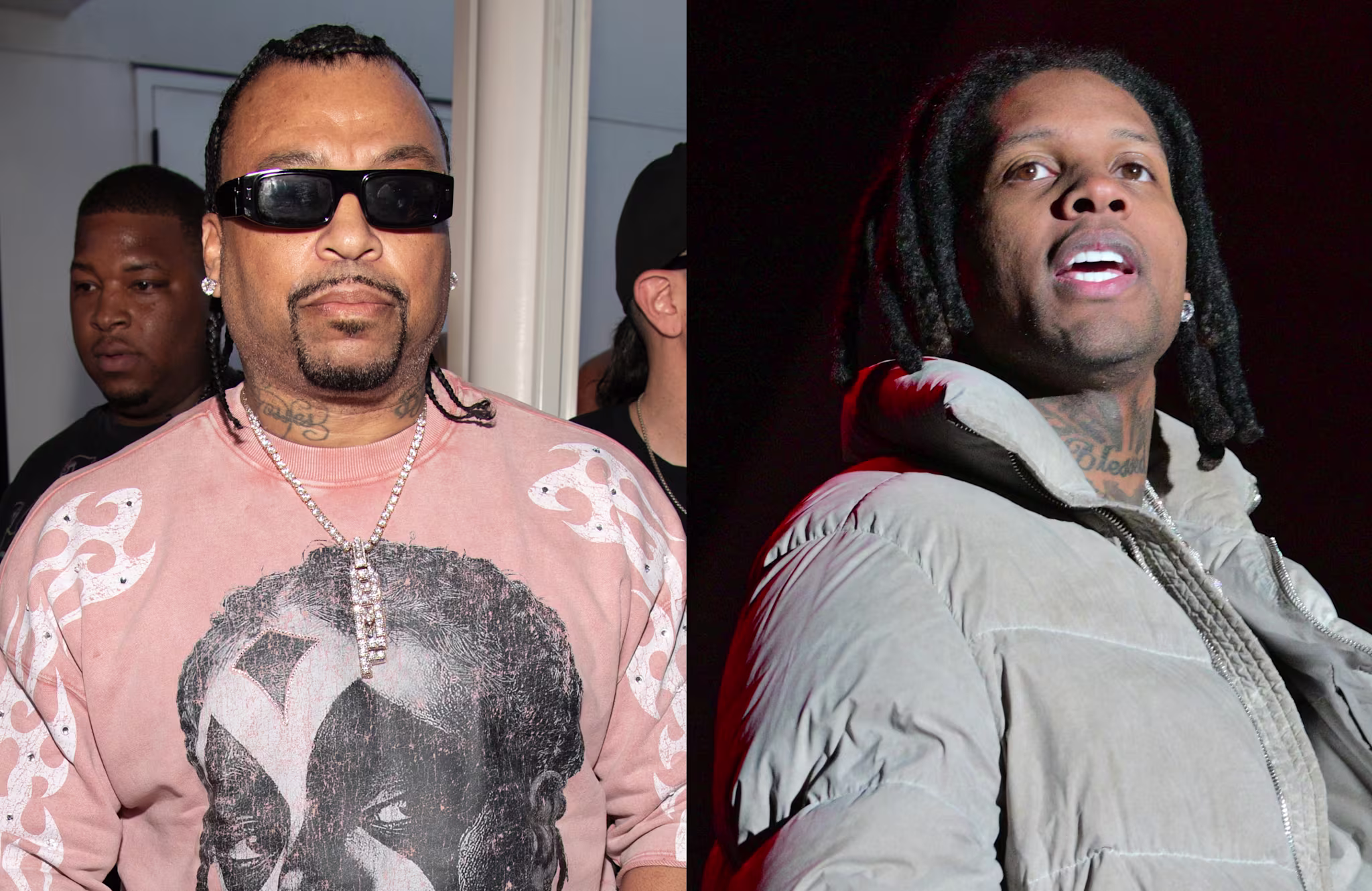 Big Meech wearing sunglasses and a pink shirt with a graphic; Lil Durk wearing a puffer jacket, looking upwards.
