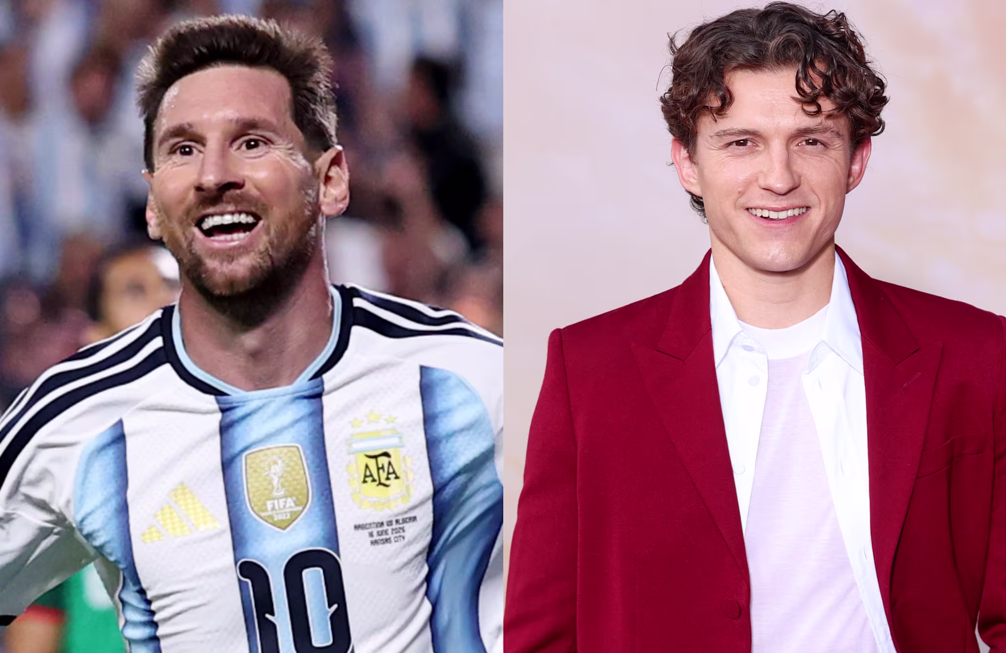 Lionel Messi in an Argentina jersey and Tom Holland in a red suit, smiling.