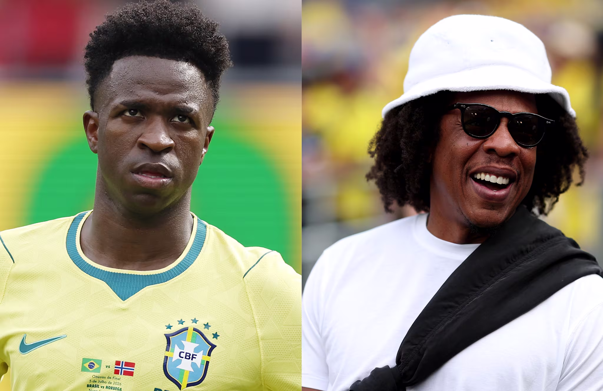 Vinícius Júnior in a Brazil jersey and Jay-Z wearing a white hat and sunglasses, smiling.