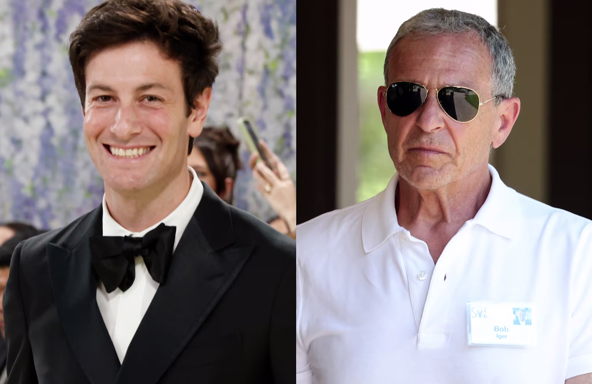 Josh Kushner in a tuxedo smiling, and Bob Iger in sunglasses wearing a white polo shirt with a name tag.