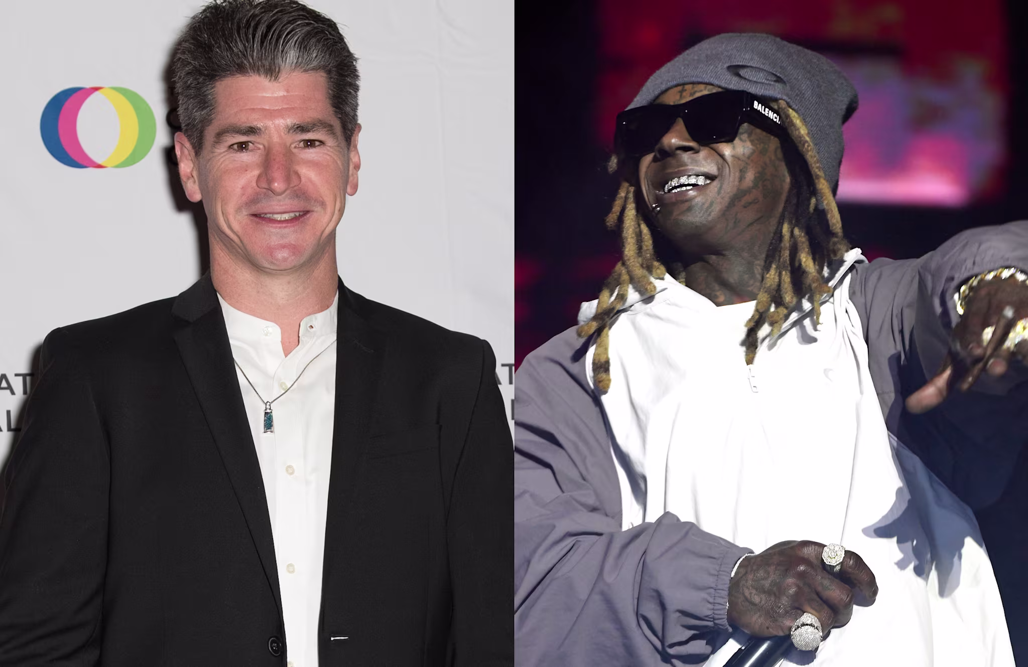 Michael Fishman in a suit smiling at an event, Lil Wayne performing, wearing sunglasses and a beanie.