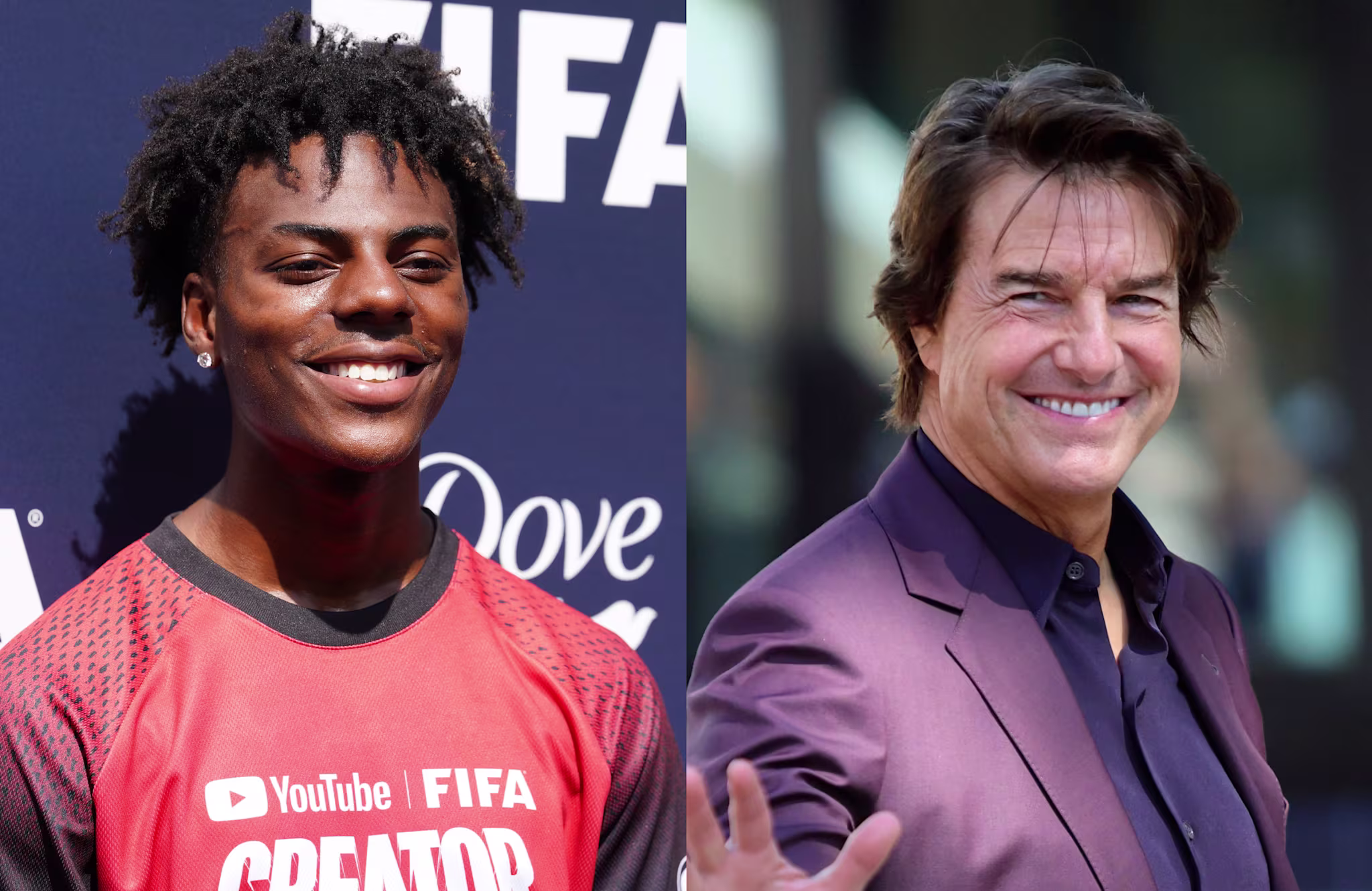 IShowSpeed in a red YouTube FIFA shirt smiles on the left. On the right, Tom Cruise in a purple suit waves and smiles.