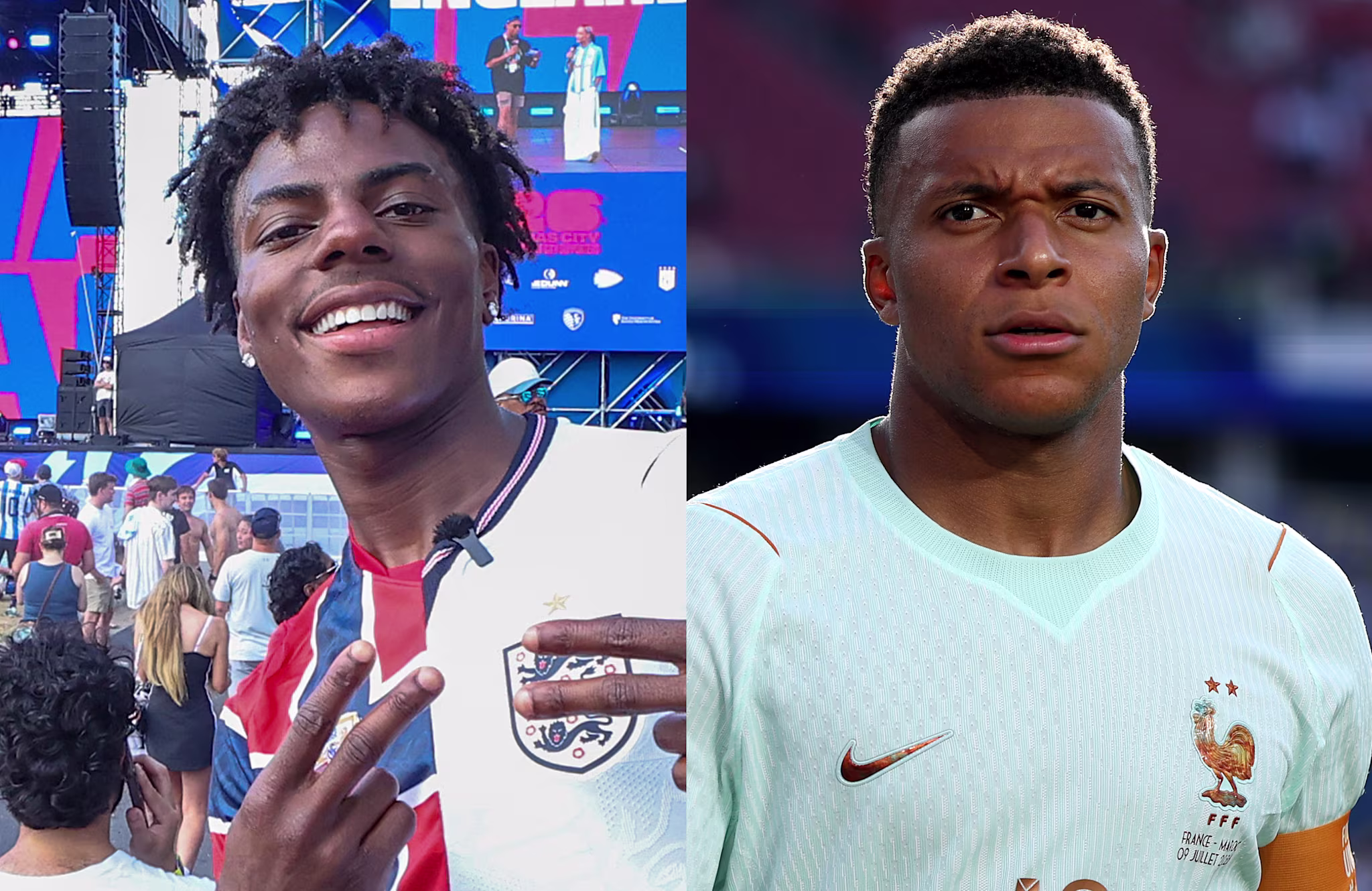 A split image of iShowSpeed smiling with a peace sign at an event, and Kylian Mbappé in a French national team jersey.