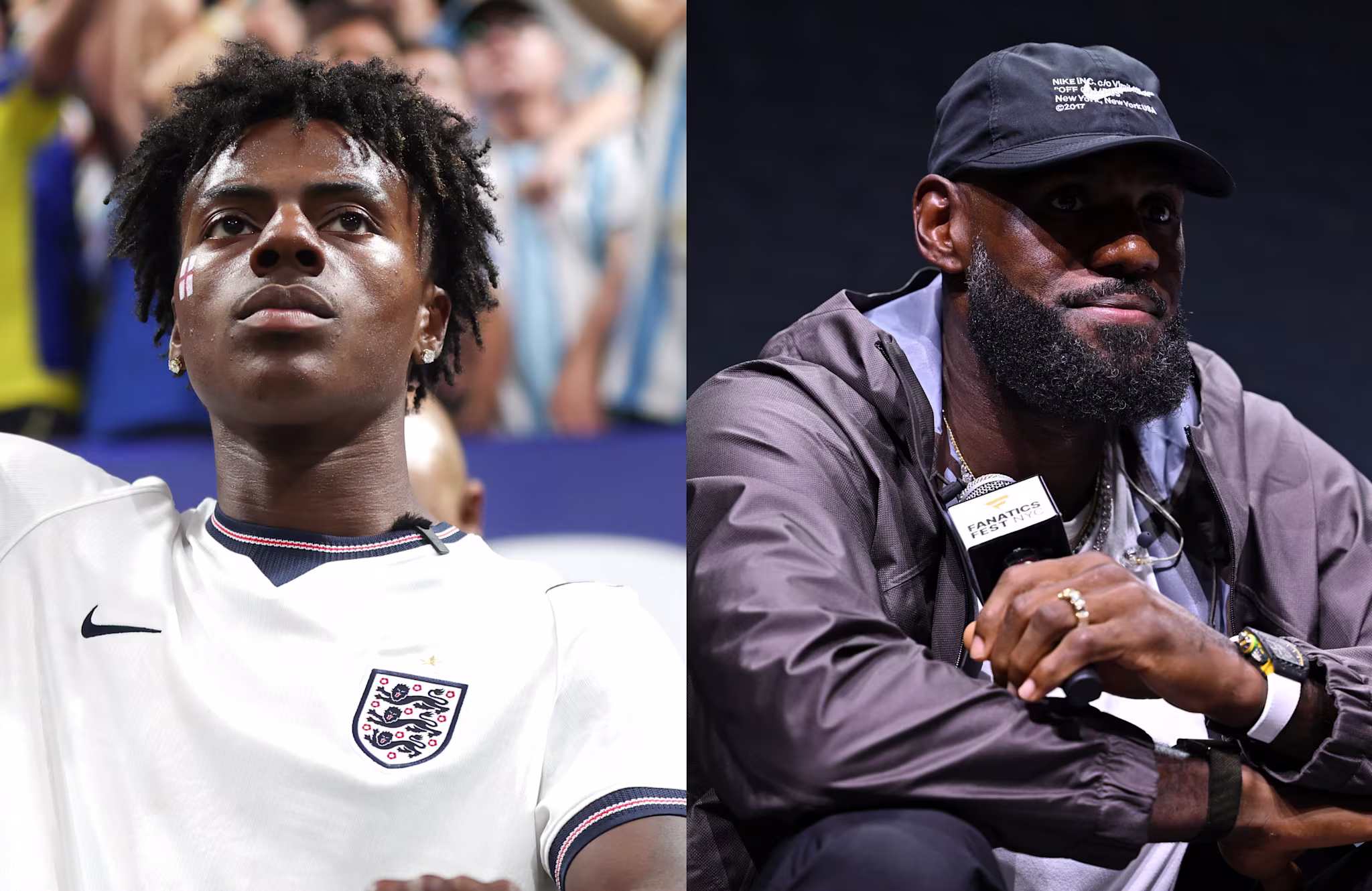 IShowSpeed in an England football jersey and LeBron James wearing a black cap and jacket.