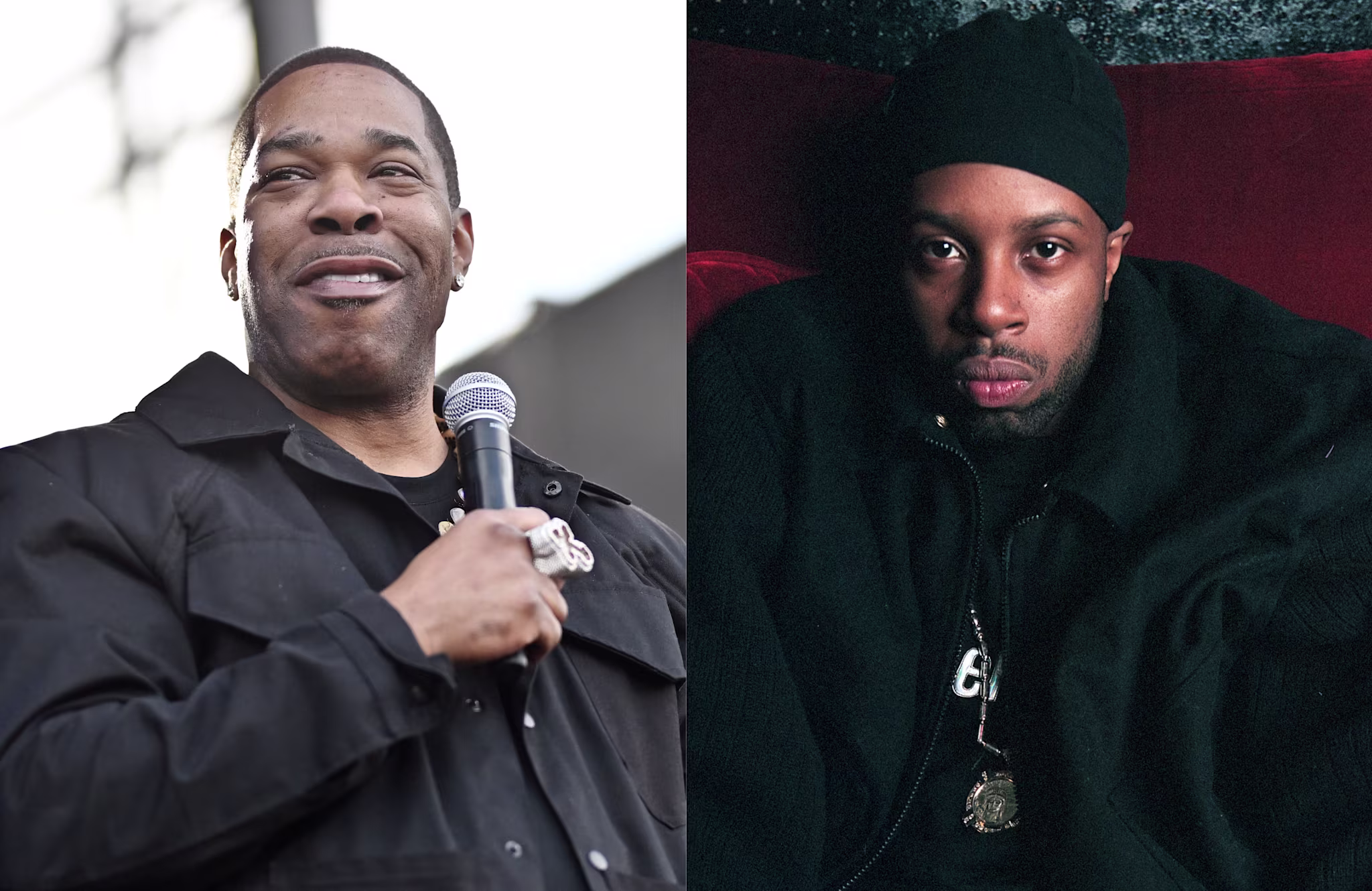 (L) Busta Rhymes holding a microphone, wearing a black jacket. (R) J Dilla in a black outfit and beanie, looking towards the camera.
