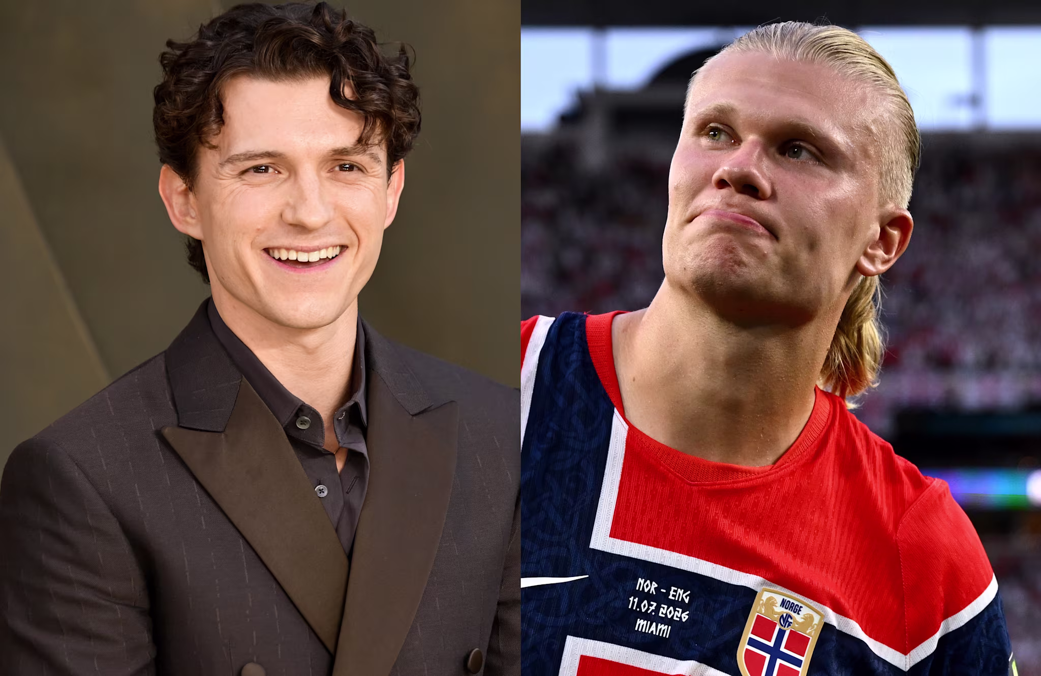 Tom Holland smiling in a suit on the left; Erling Haaland in a Norway soccer jersey on the right.
