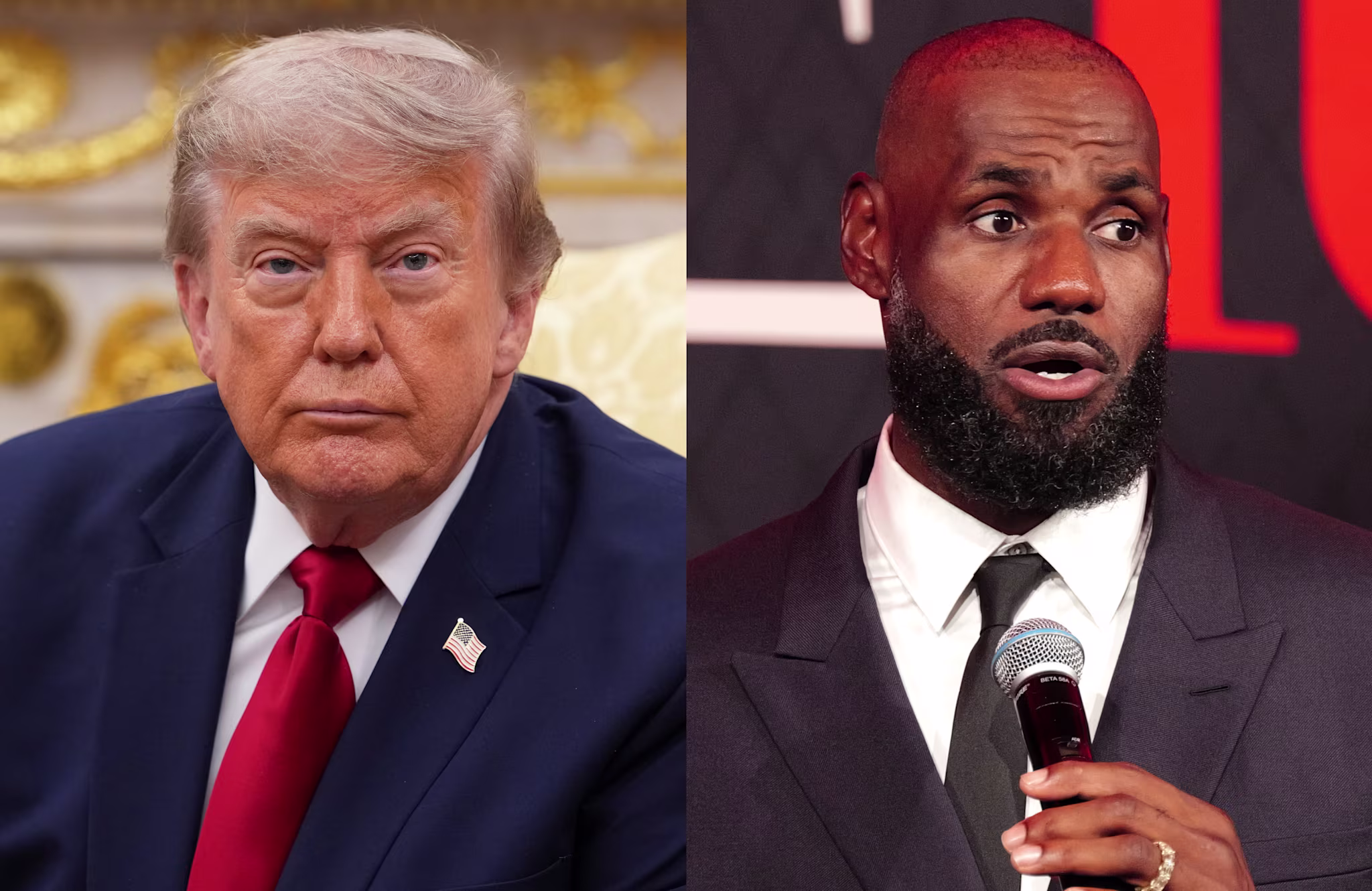President Donald Trump on the left, wearing a suit and red tie; LeBron James on the right, speaking into a microphone.