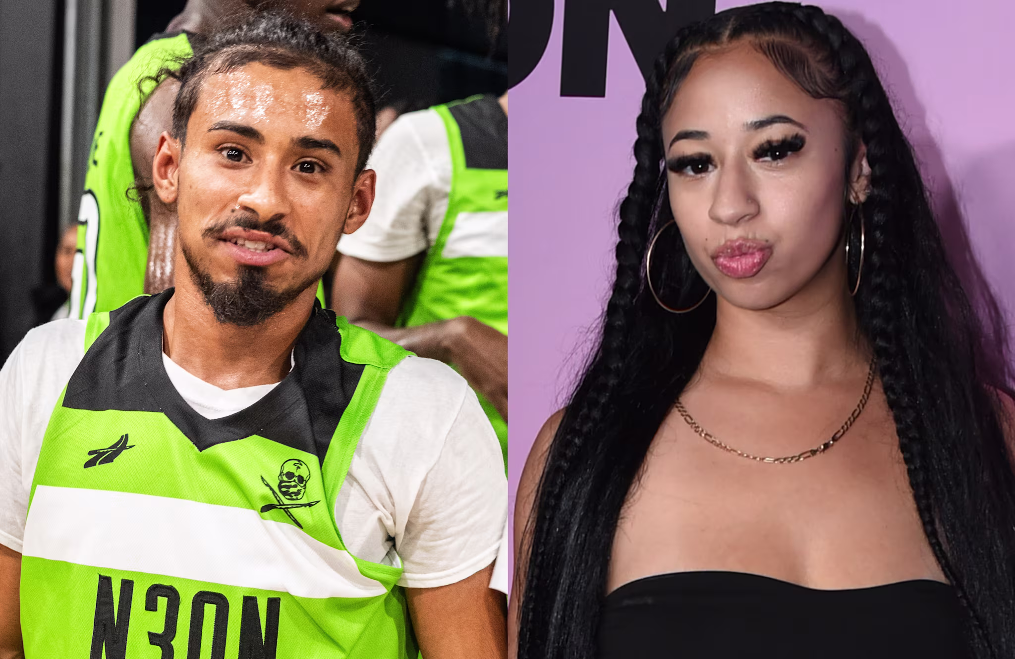Julian Newman in a green sports jersey and Jaden Newman in a black strapless top with hoop earrings, posing in separate images.