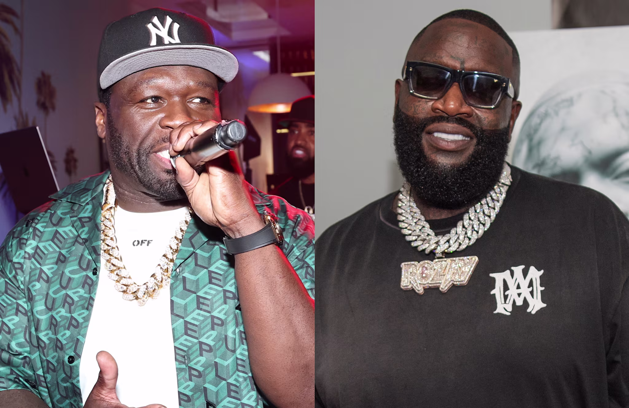 50 Cent performing with a microphone, wearing a cap and chain. Rick Ross smiling, wearing sunglasses and a chain.