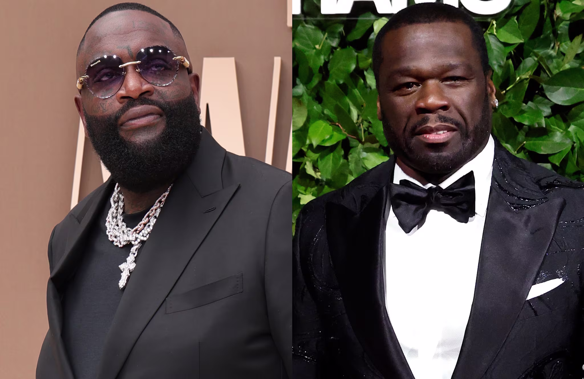 Rick Ross in sunglasses and a black suit with chains, next to 50 Cent in a black tuxedo with a bow tie.