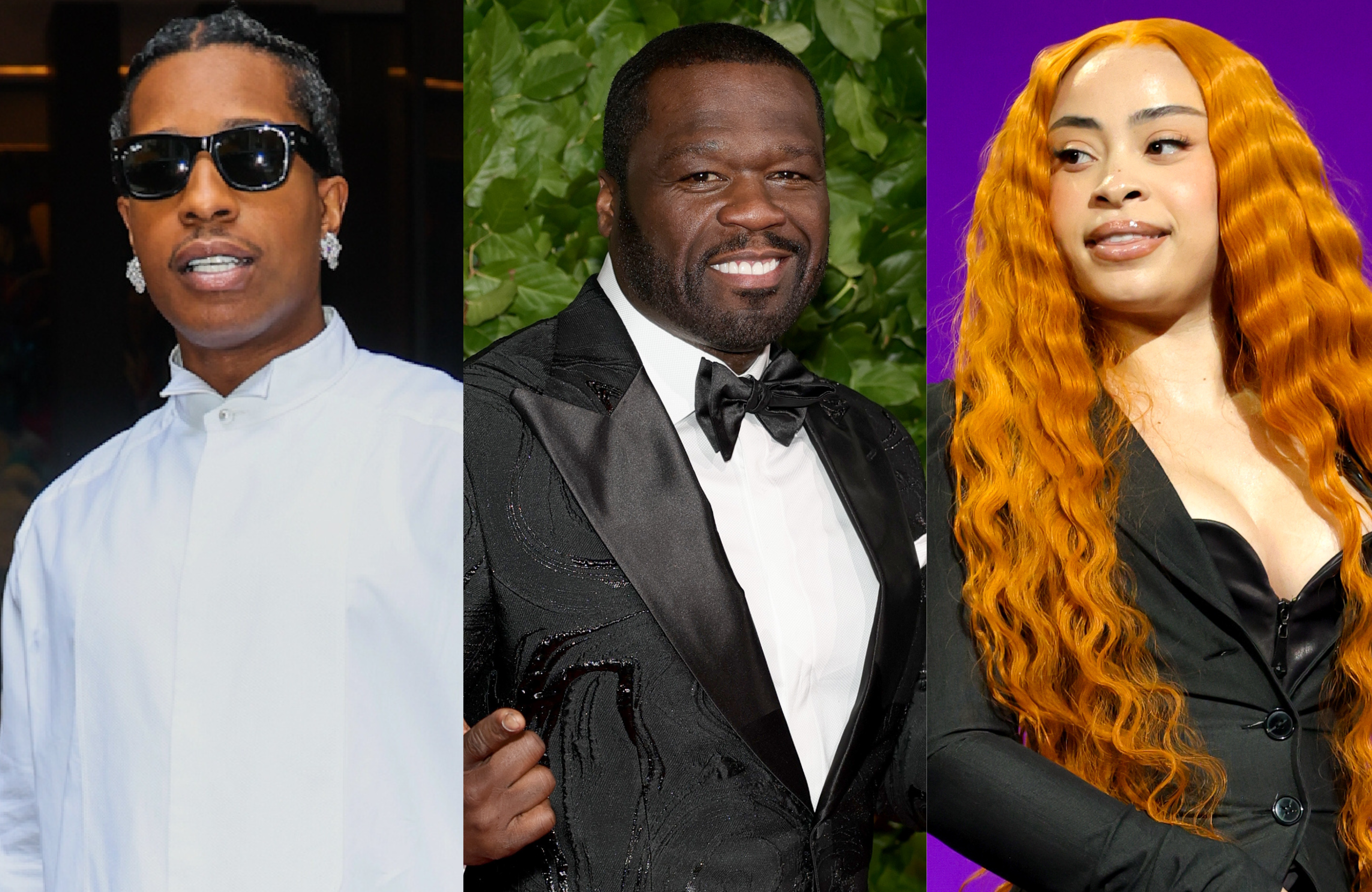 A$AP Rocky in sunglasses, 50 Cent in a black tuxedo, and Ice Spice with long orange hair.