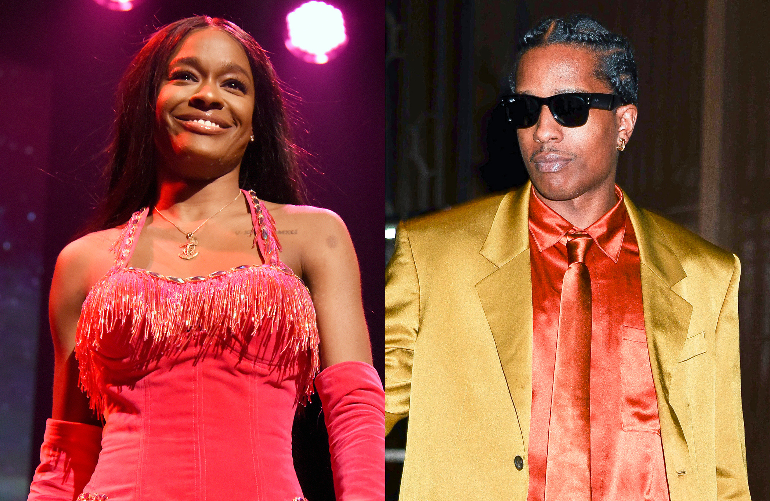 Azealia Banks in a pink outfit on stage and A$AP Rocky in a gold suit with sunglasses.