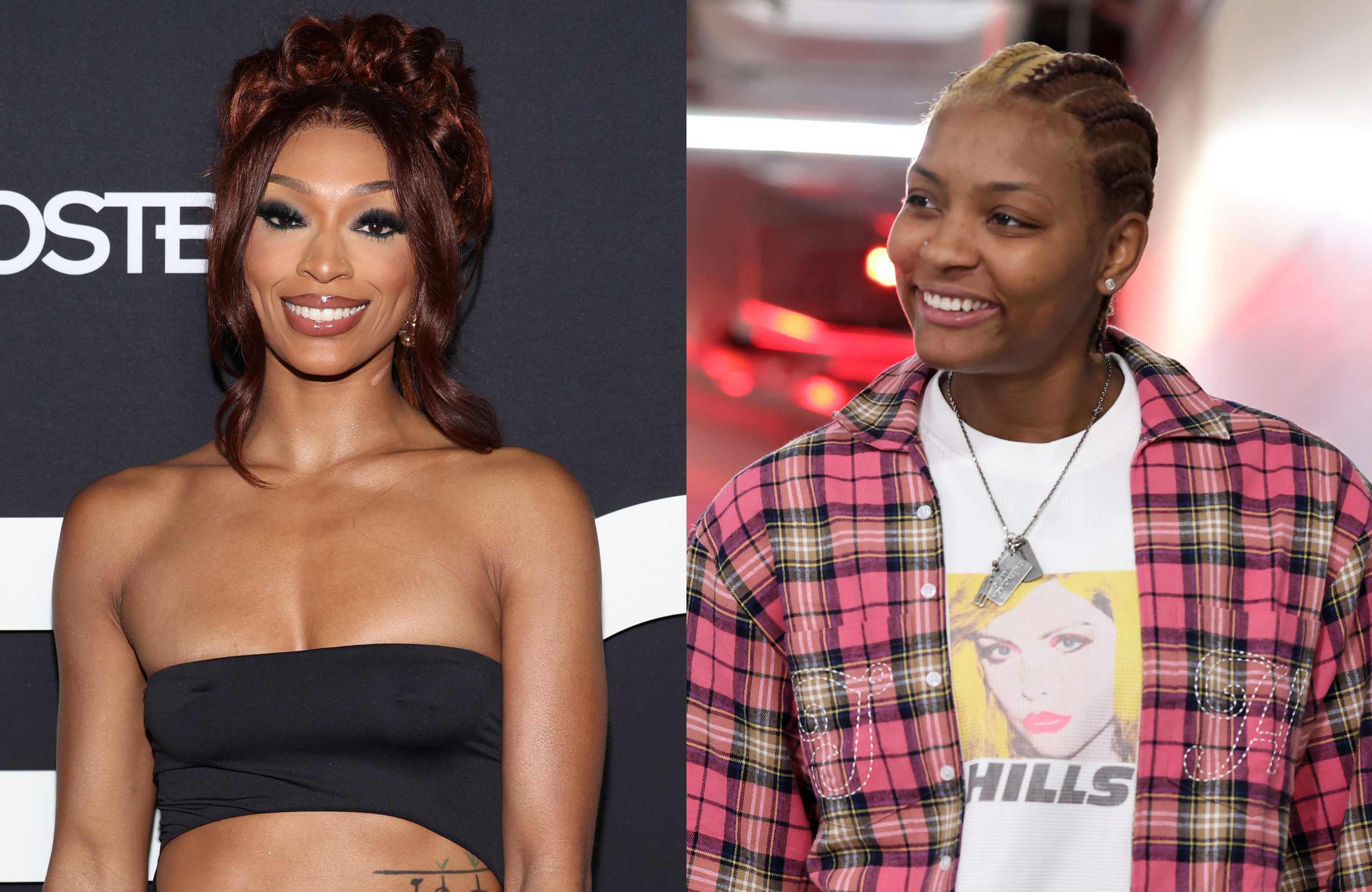 DiJonai Carrington in a black tube top, NaLyssa Smith in a plaid shirt with a graphic tee.