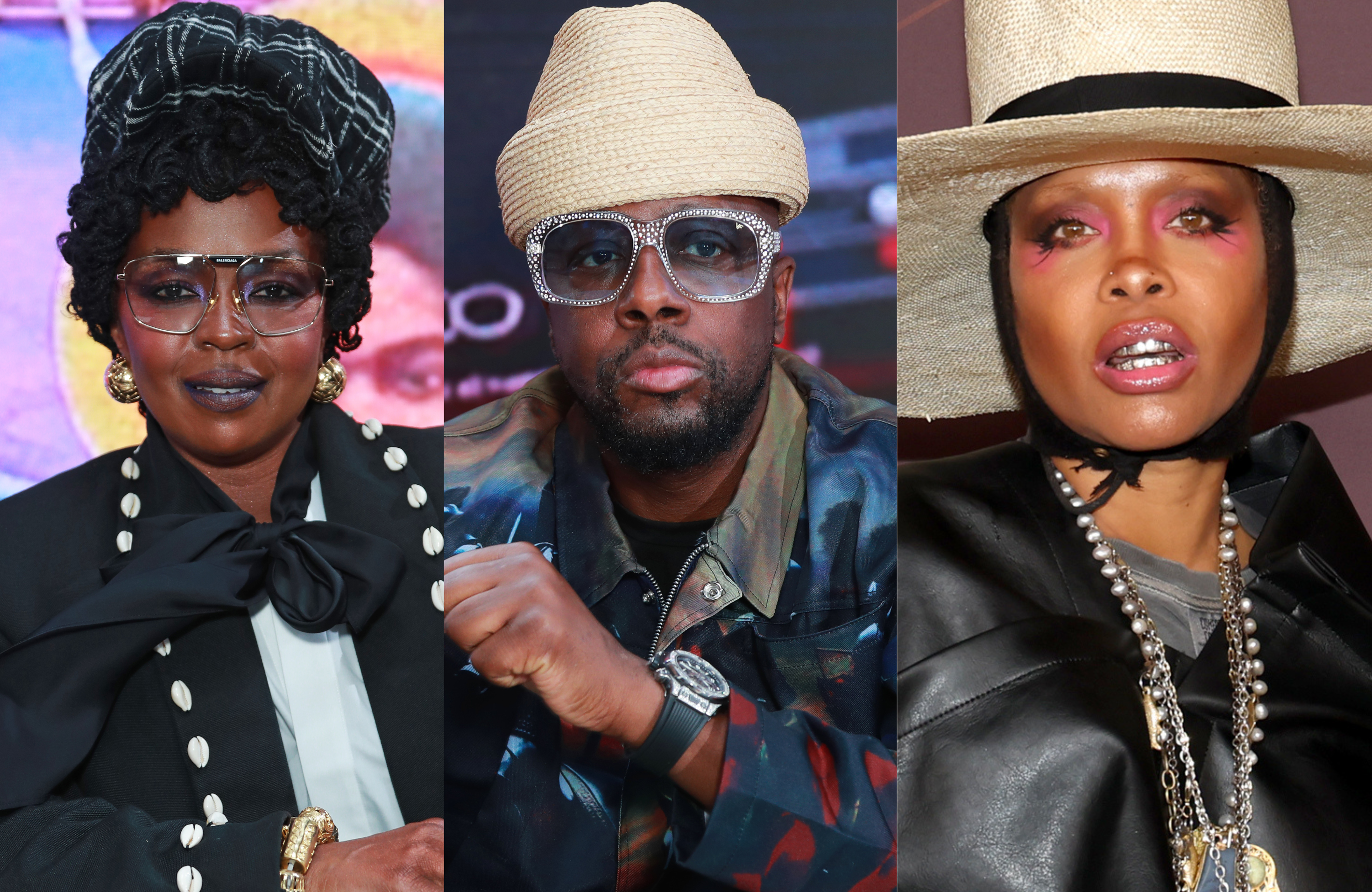 Lauryn Hill in a black outfit and turban, Wyclef Jean in a hat and glasses, and Erykah Badu in a wide-brimmed hat and leather jacket.