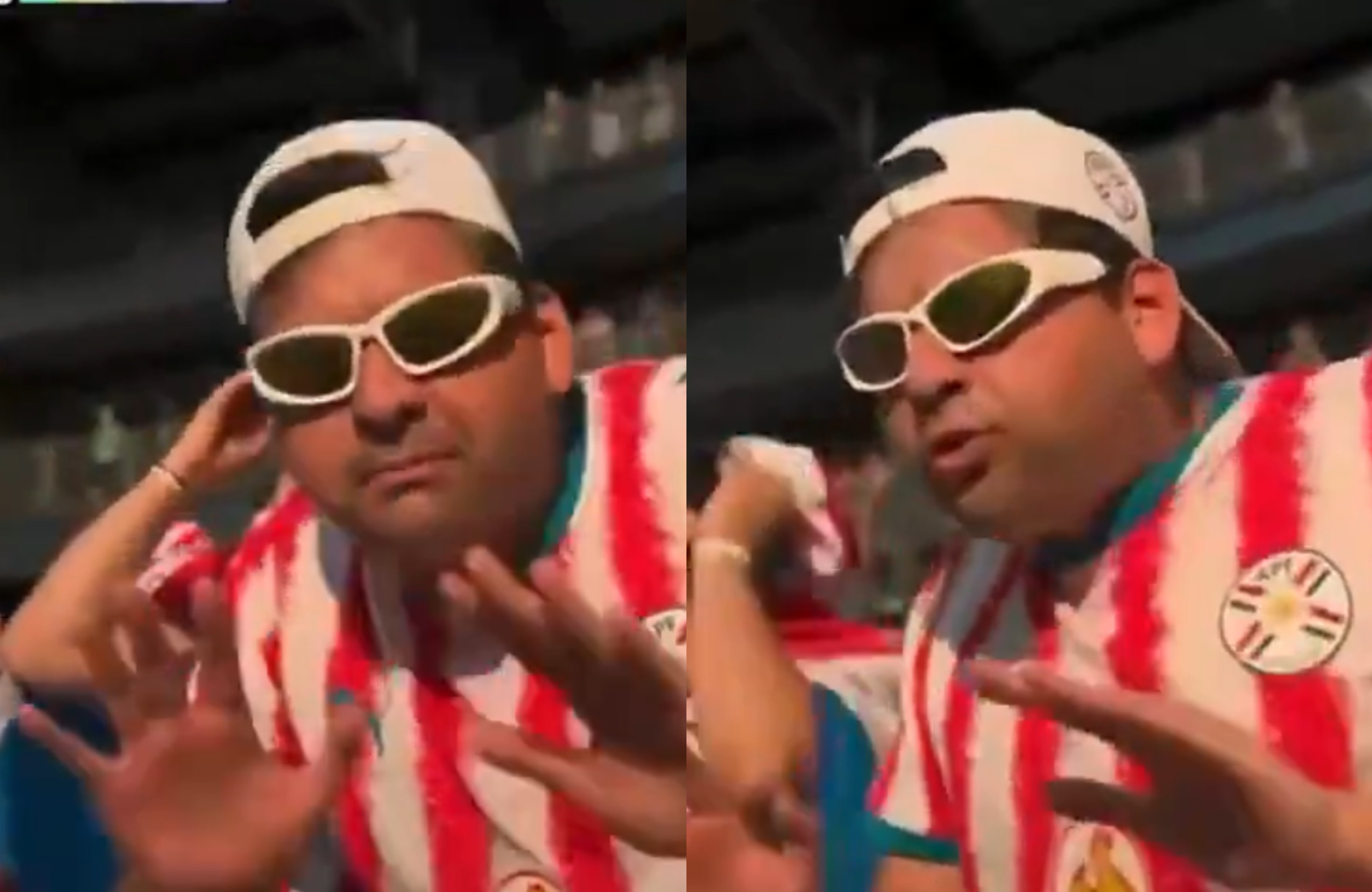 A person wearing a red and white striped shirt, white sunglasses, and a backward cap, gesturing energetically in a stadium.