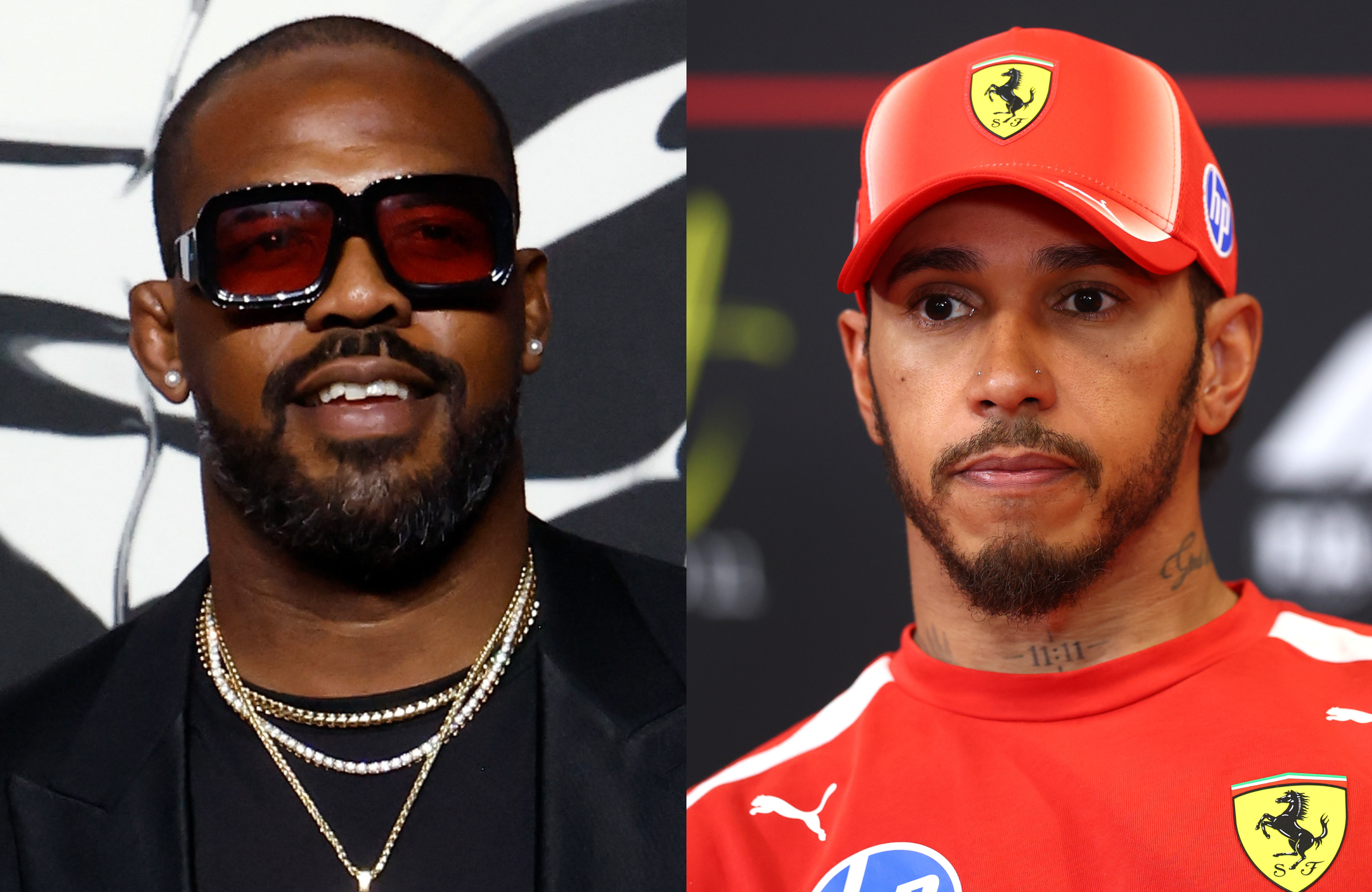 Jon Jones wearing sunglasses and a dark outfit with chains; Lewis Hamilton in a red Ferrari cap and shirt.
