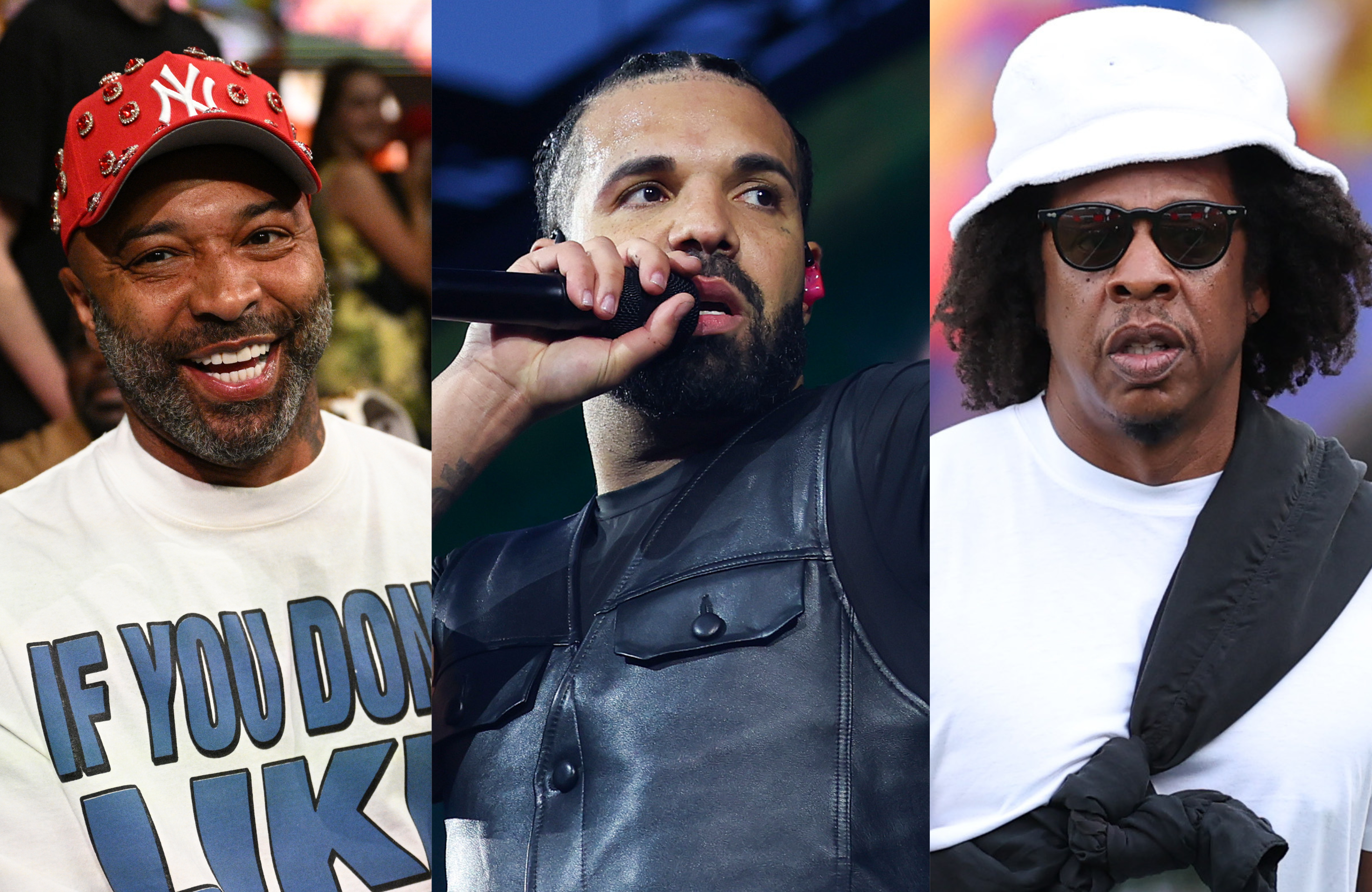 A triptych featuring Drake performing, Jay-Z in a white hat and sunglasses, and Joe Budden smiling in a red cap.