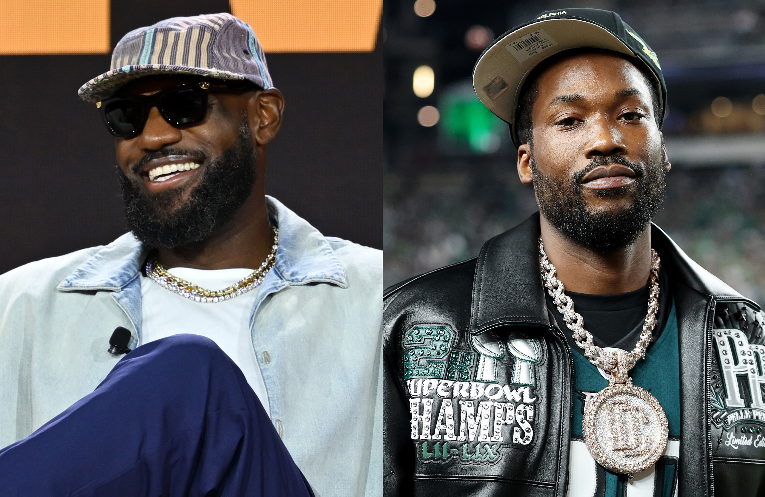 LeBron James, wearing sunglasses and a hat, smiles on the left. Meek Mill, in a cap and chain, poses on the right.