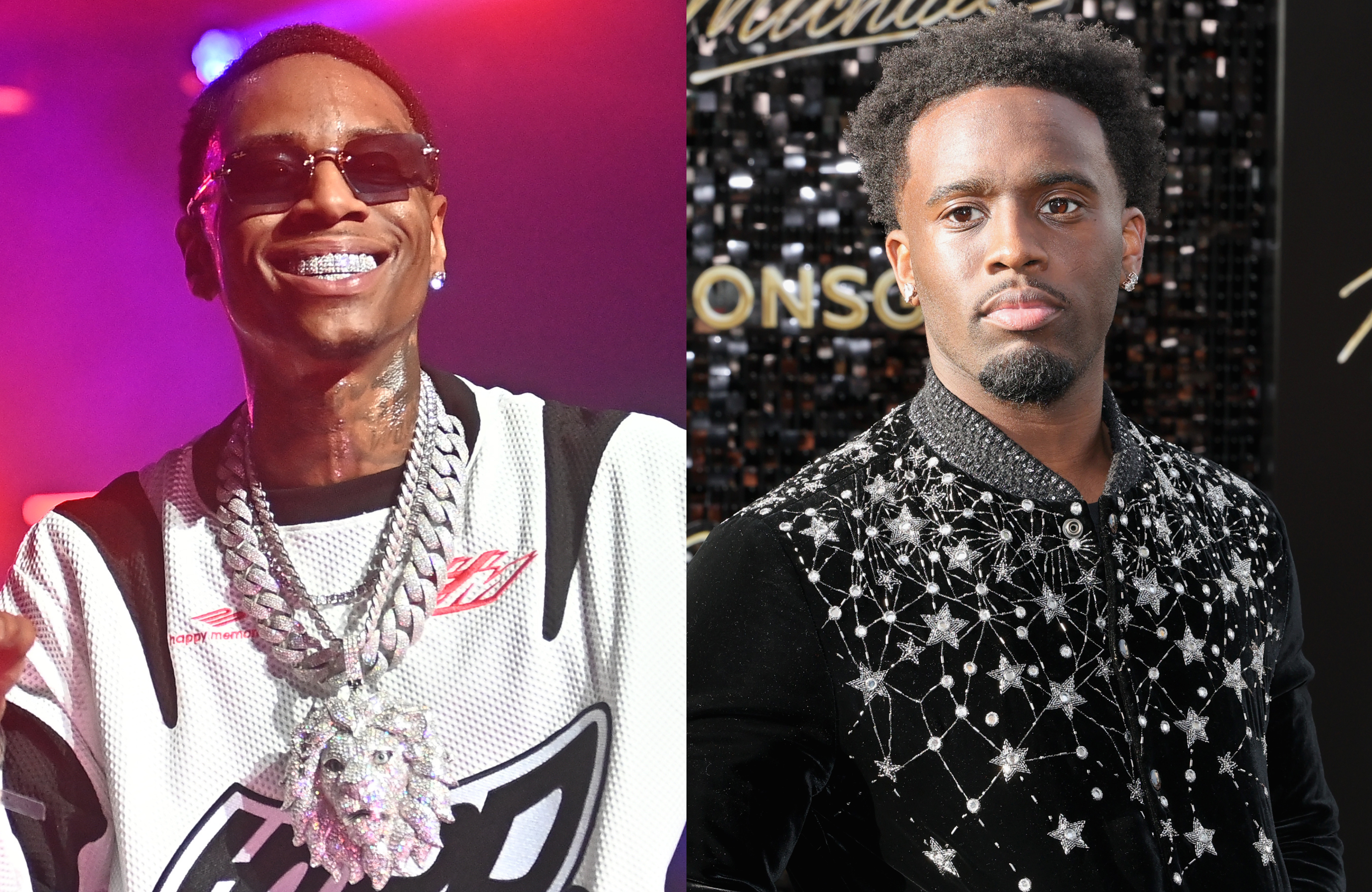 Soulja Boy wearing sunglasses and jewelry, smiling; Kai Cenat in a star-patterned jacket, looking serious.