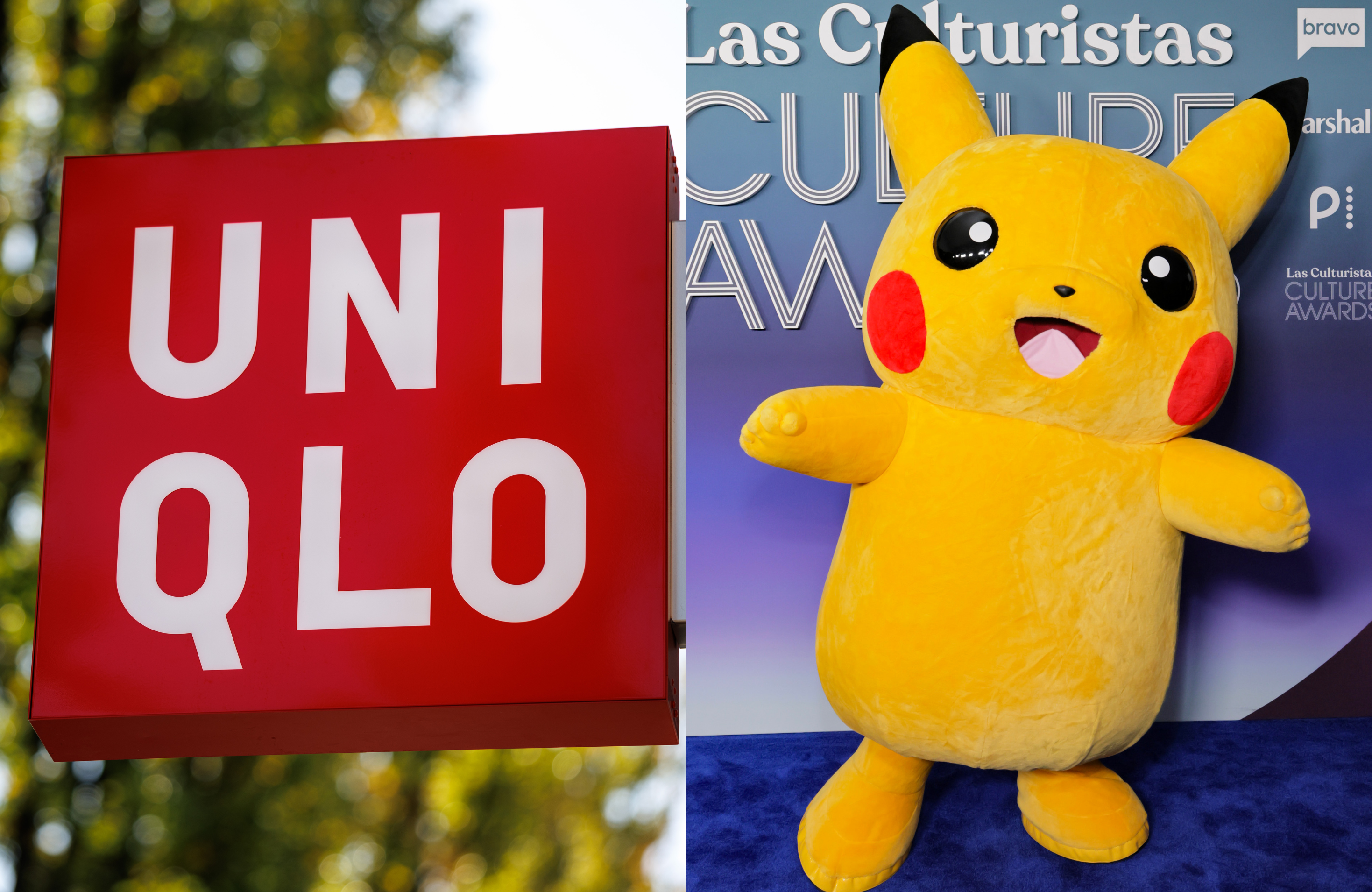 A red Uniqlo sign on the left. On the right, a large Pikachu mascot stands in front of a backdrop at an event.